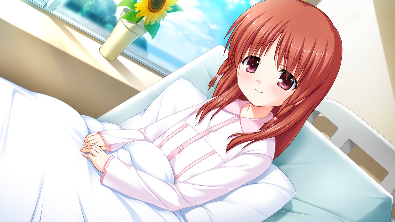 angel_beats!, bed, flowers, game_cg, key, long_hair, na-ga, otonashi_hatsune, pajamas, purple_eyes, red_hair, sunflower