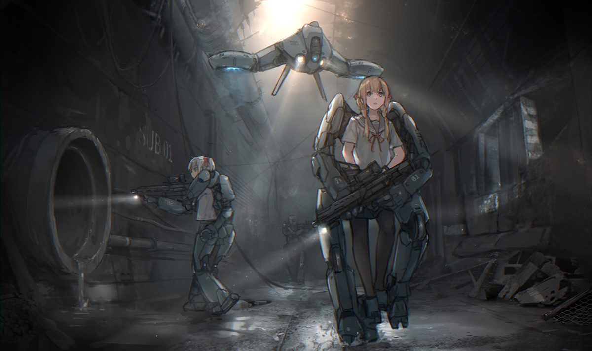 aircraft, blonde_hair, dark, gun, mecha, mechagirl, original, pantyhose, ruins, school_uniform, twintails, weapon, xiao_qiang_(overseas)