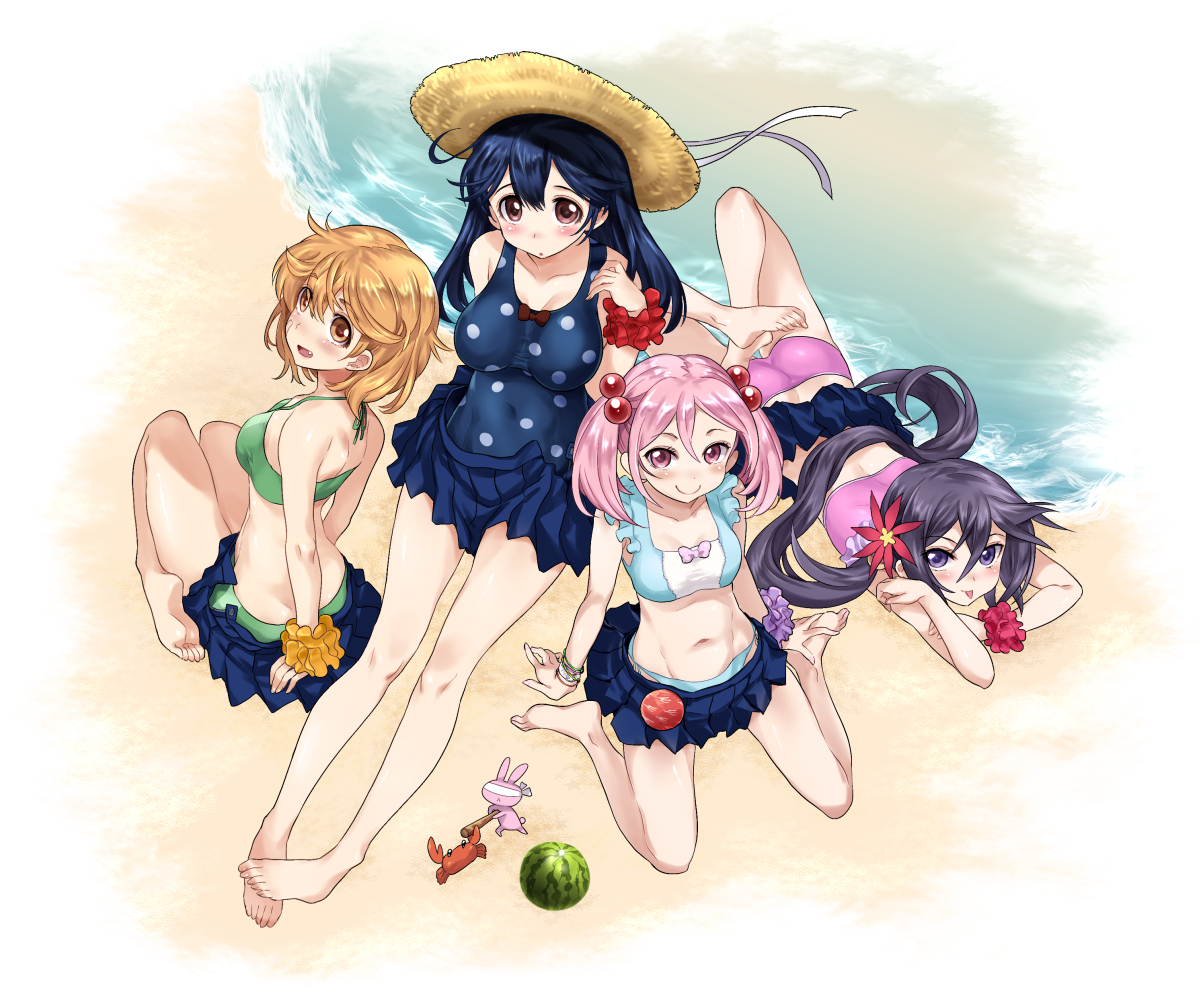 akebono_(kancolle), anthropomorphism, barefoot, black_hair, breasts, brown_hair, cleavage, food