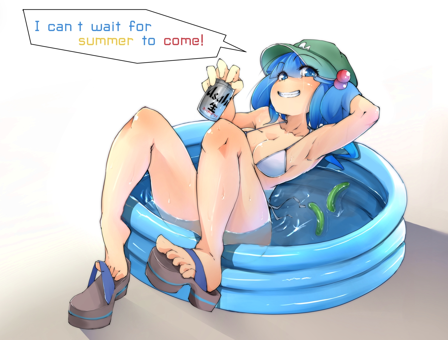 bikini, blue_eyes, blue_hair, drink, flanvia, hat, kawashiro_nitori, pool, swimsuit, touhou