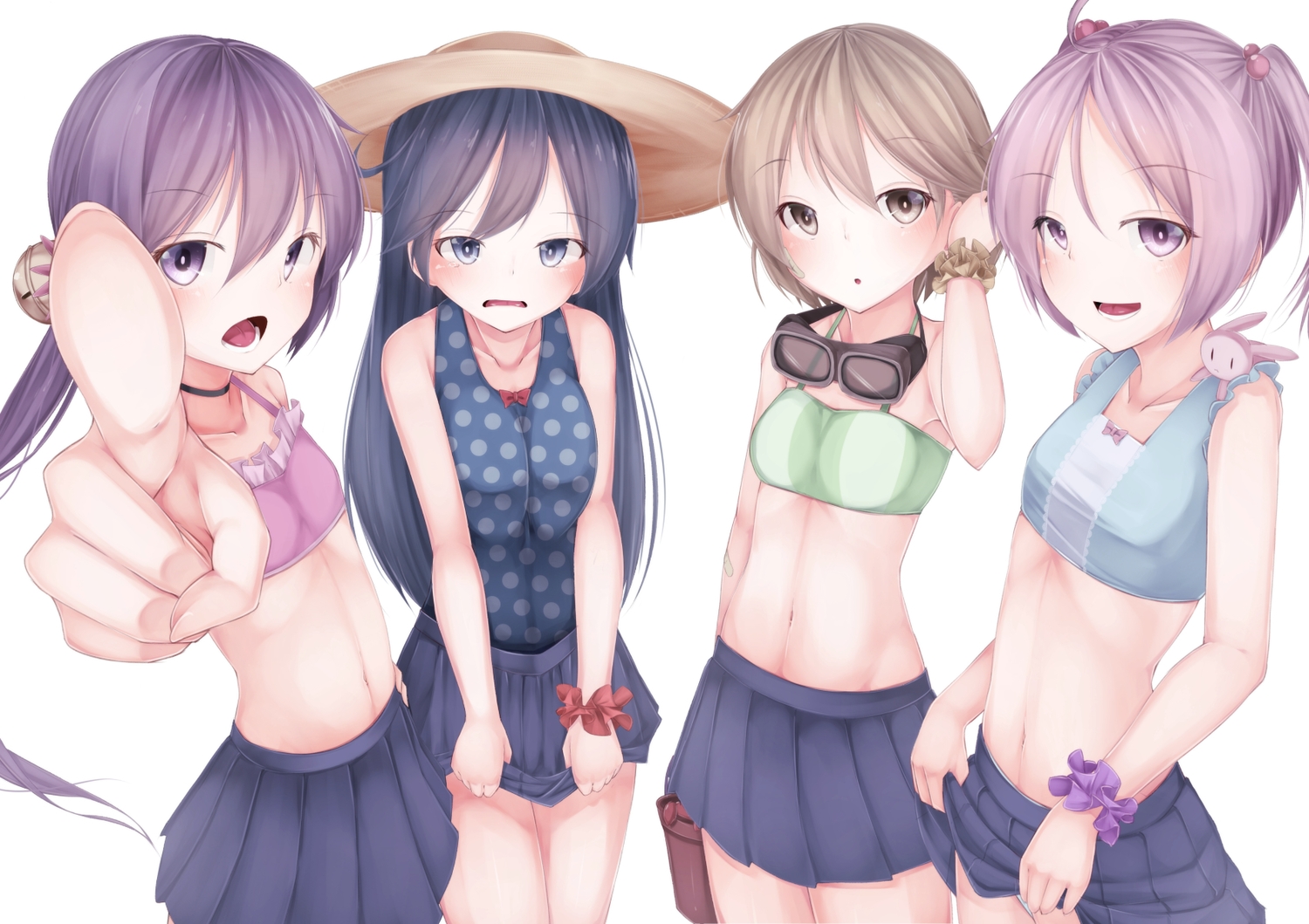 akebono_(kancolle), anthropomorphism, bikini_top, blonde_hair, blue_eyes, blue_hair, brown_eyes, goggles