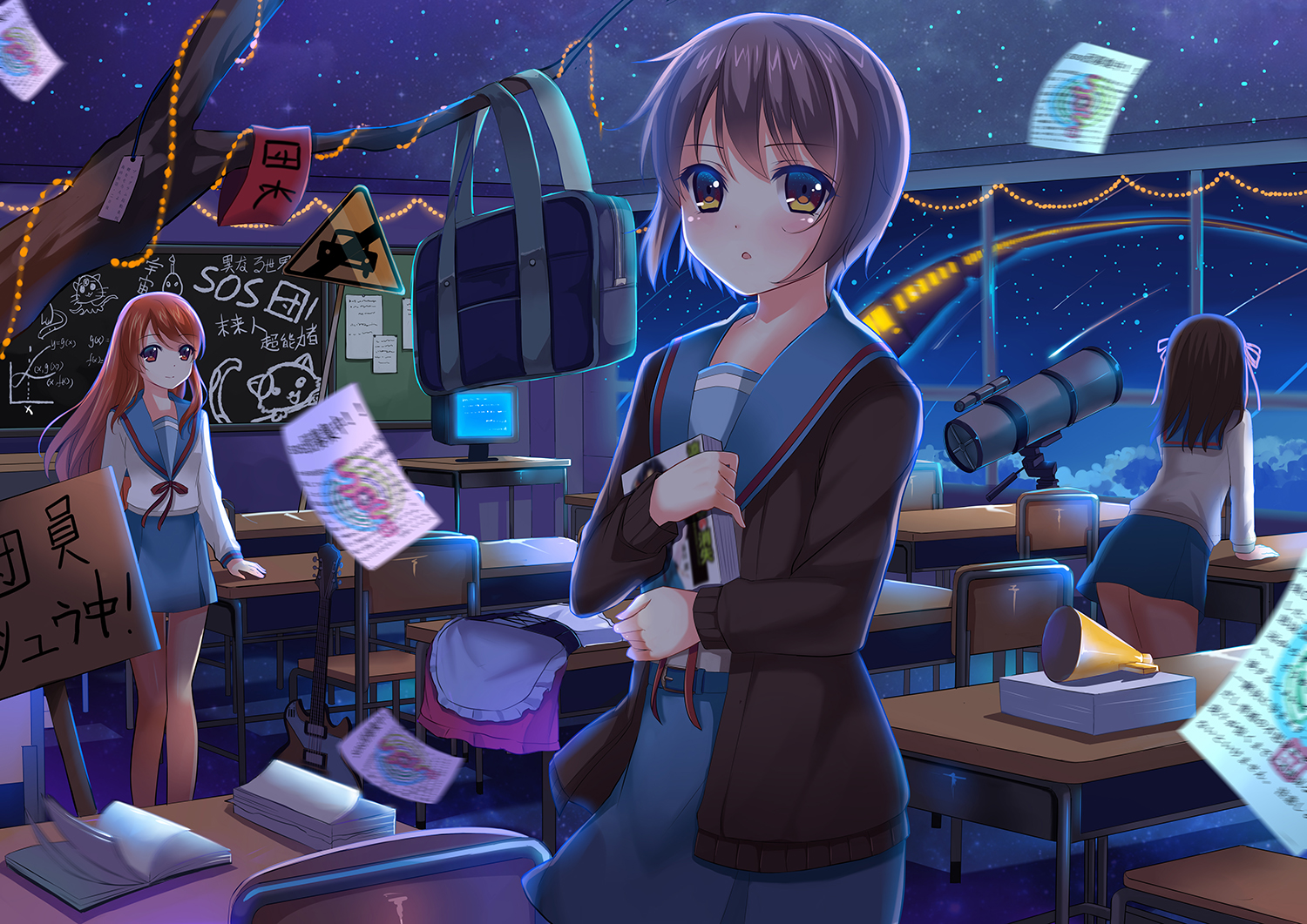 asahina_mikuru, book, brown_eyes, brown_hair, guitar, instrument, long_hair, nagato_yuki, nine_wangwang, orange_eyes, orange_hair, paper, purple_hair, ribbons, school_uniform, short_hair, stars, suzumiya_haruhi, suzumiya_haruhi_no_yuutsu, train