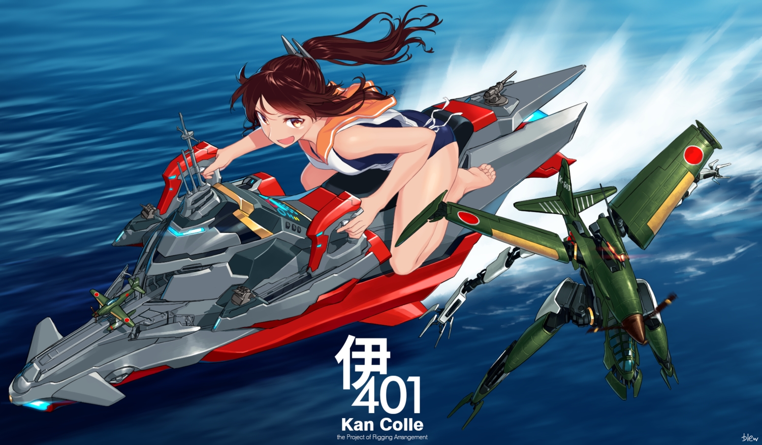 aircraft, anthropomorphism, barefoot, blew_andwhite, brown_eyes, brown_hair, i-401_(kancolle), kantai_collection
