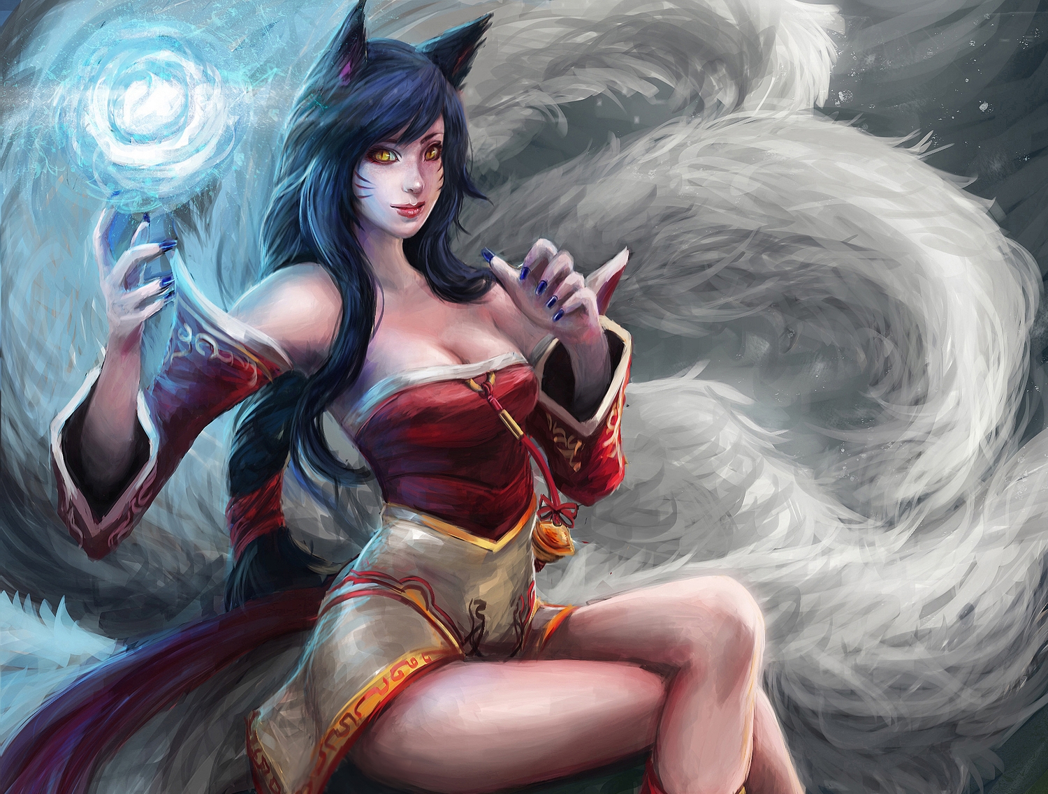 ahri_(league_of_legends), aimedz, animal_ears, black_hair, breasts, cleavage, cropped, foxgirl, league_of_legends, long_hair, magic, multiple_tails, tail, yellow_eyes