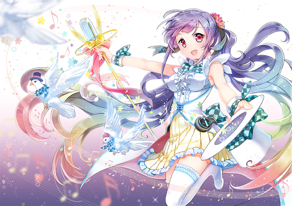 animal, bird, hat, long_hair, magic, microphone, music, pink_eyes