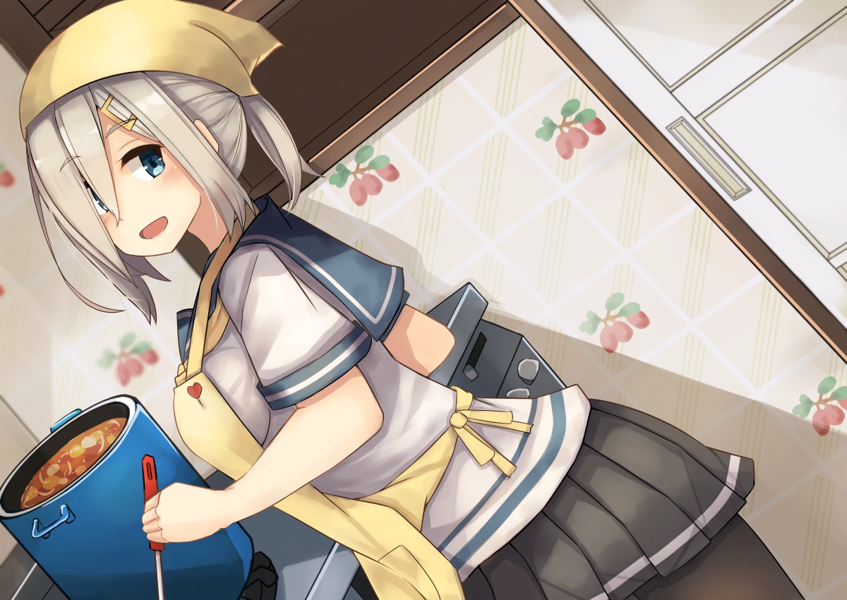 anthropomorphism, apron, blue_eyes, food, gray_hair, hamakaze_(kancolle), headdress, kantai_collection