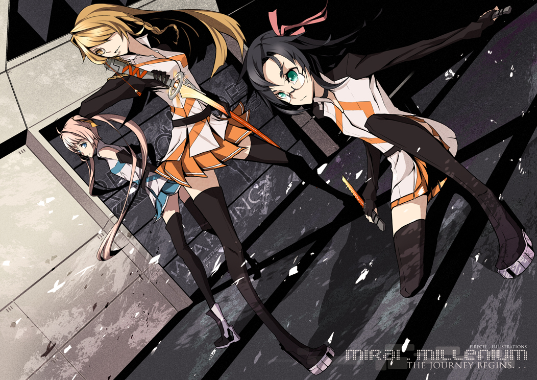 black_hair, blonde_hair, blue_eyes, boots, braids, culture_japan, firecel, glasses