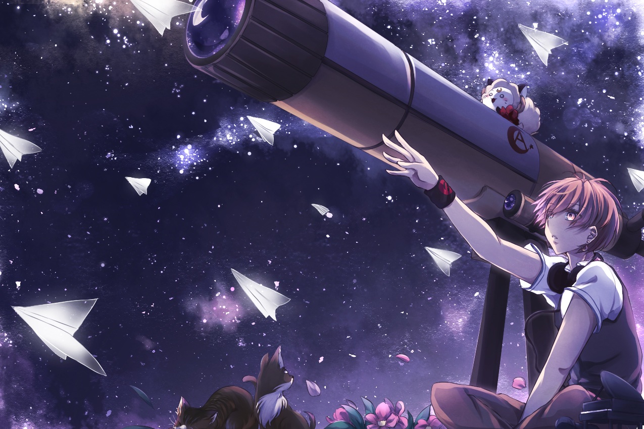 aircraft, all_male, animal, cat, flowers, headphones, hinata_(uzukitten), instrument