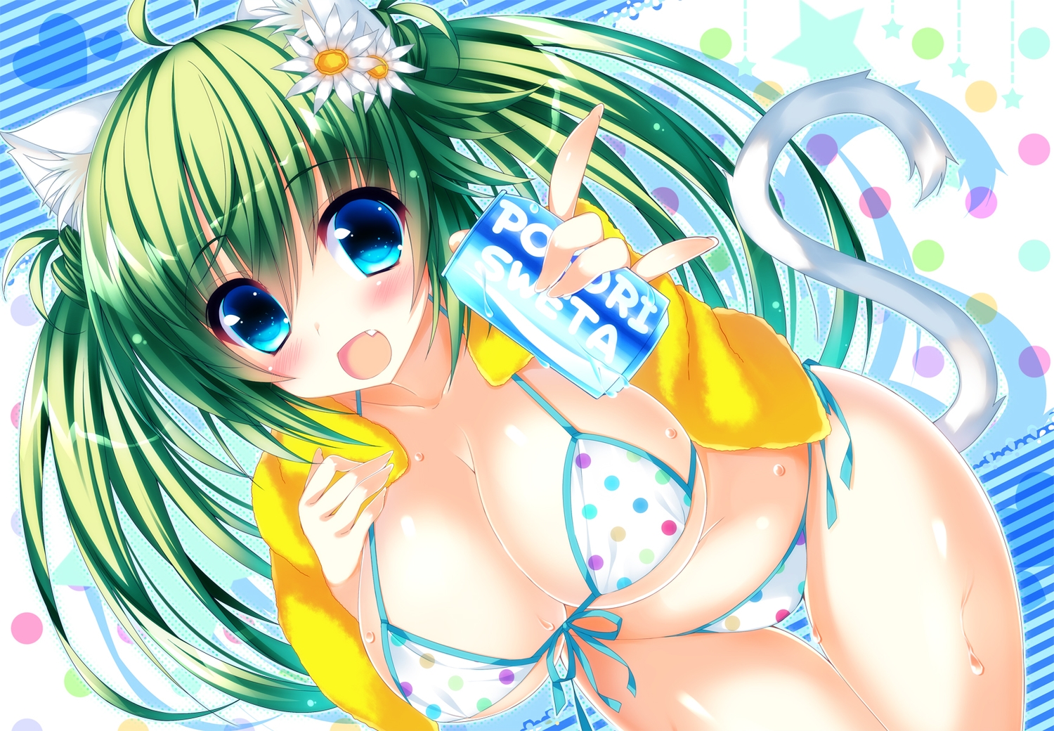 animal_ears, bikini, blue_eyes, breasts, catgirl, cleavage, drink, fang