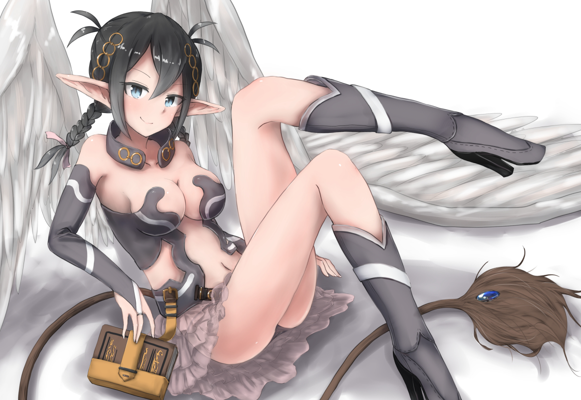 black_hair, blue_eyes, book, boots, braids, breasts, cleavage, collar, elbow_gloves, gloves, gotaishu, kneehighs, navel, original, pointed_ears, tail, twintails, wings