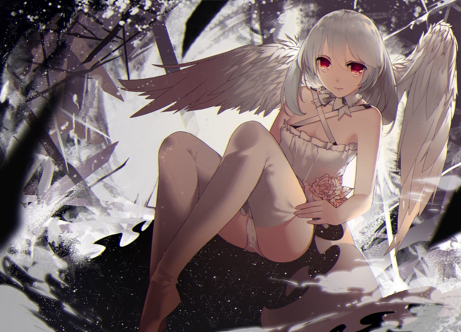 ajahweea, collar, dress, flowers, original, panties, red_eyes, rose