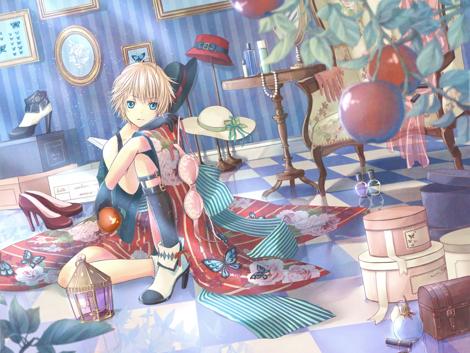 all_male, apple, aqua_eyes, blonde_hair, bra, butterfly, food, fruit, gloves, hat, kagamine_len, leaves, male, mokona1107, necklace, short_hair, thighhighs, underwear, vocaloid