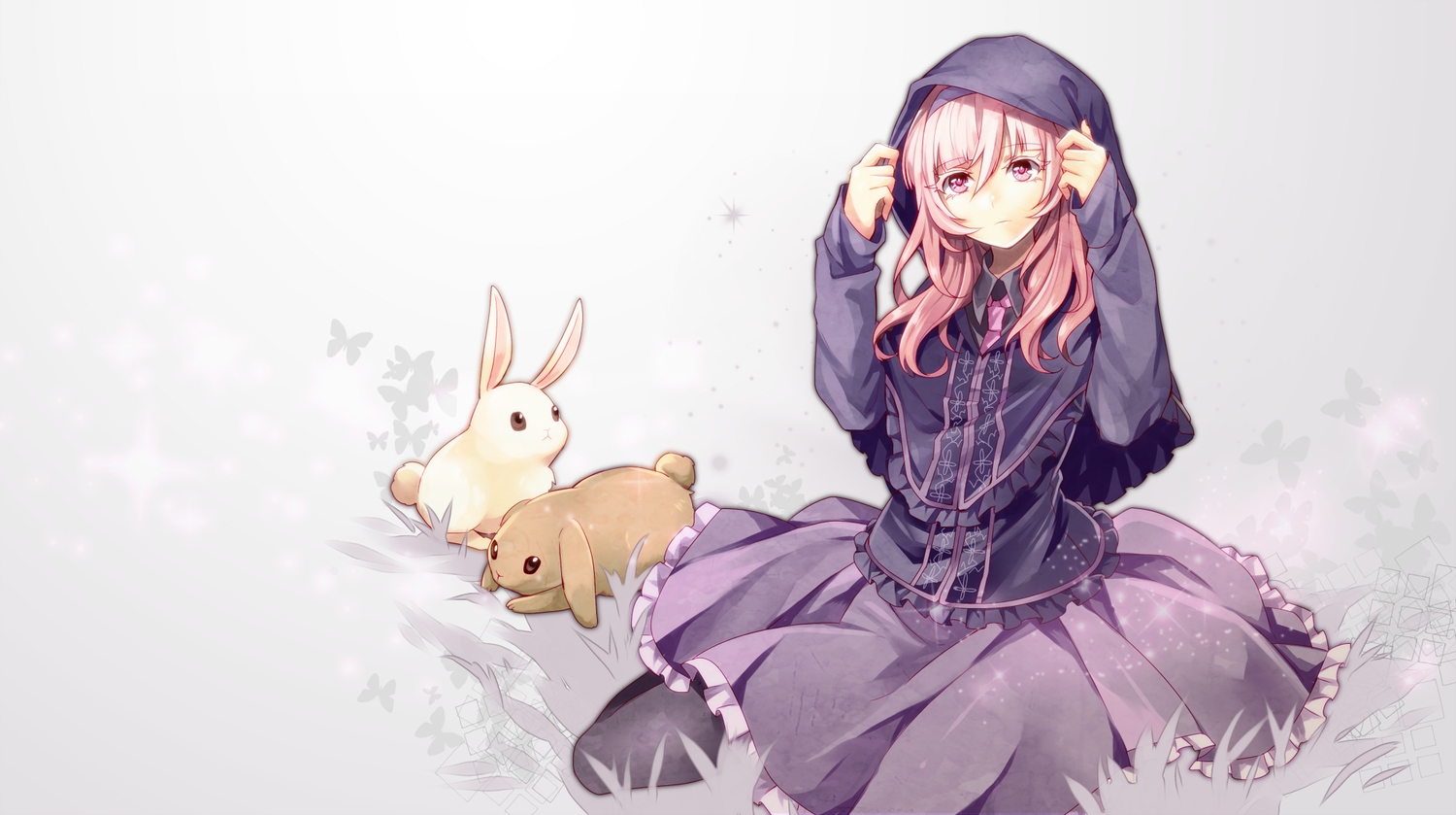 animal, butterfly, gahata_meiji, goth-loli, hood, lolita_fashion, pantyhose, pink_eyes, pink_hair, rabbit, toudou_charo, utau