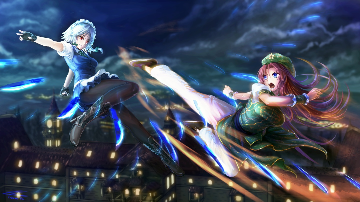 2girls, boots, freeze-ex, hat, hong_meiling, izayoi_sakuya, kick, knife