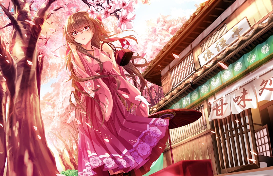brown_hair, building, flowers, haruka_natsuki, japanese_clothes, kimono, long_hair, original