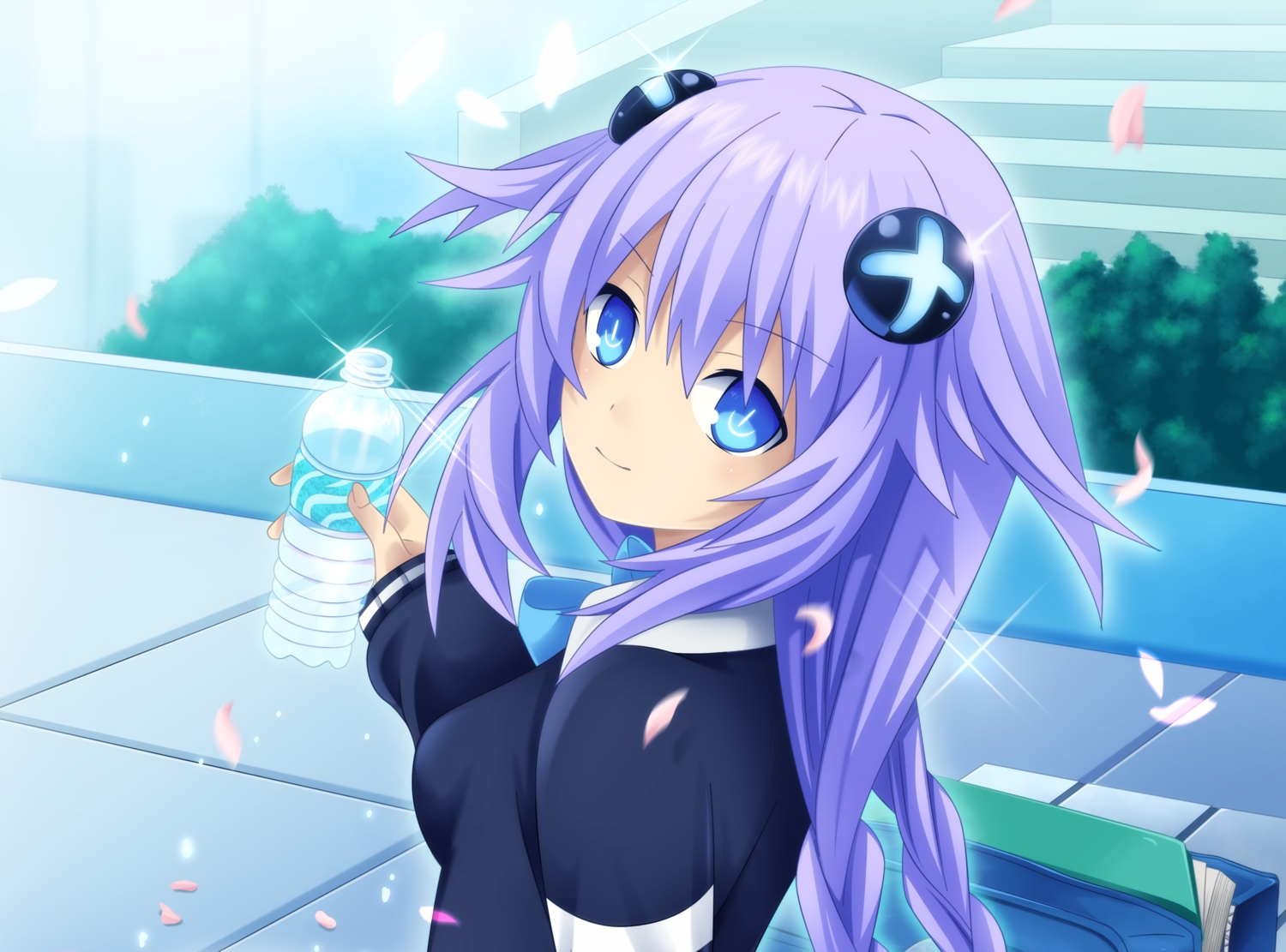 blue_eyes, cropped, drink, hyperdimension_neptunia, neptune, planeptune, purple_hair, purple_heart, water