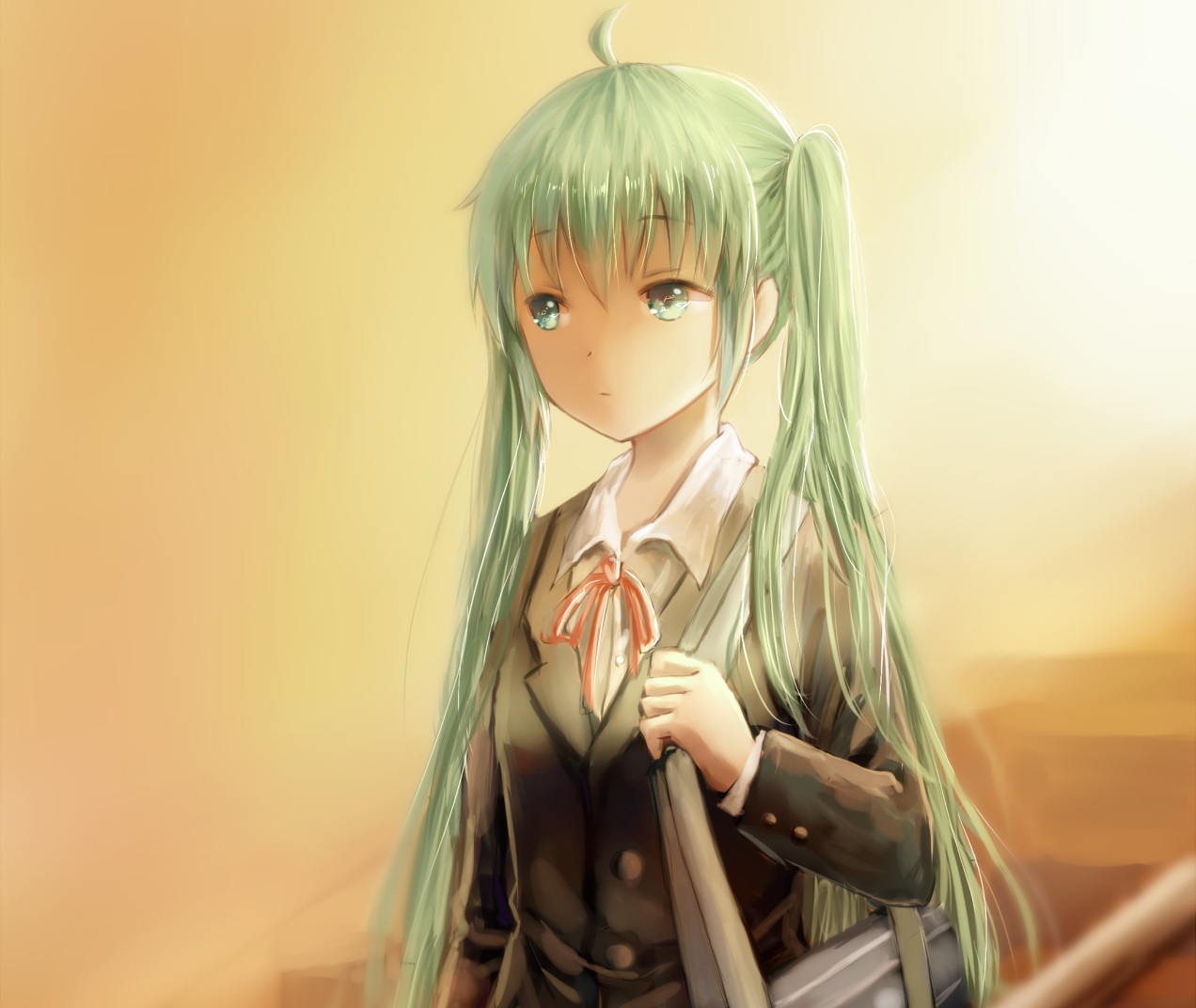 cropped, green_eyes, green_hair, hatsune_miku, mimengfeixue, school_uniform, twintails, vocaloid