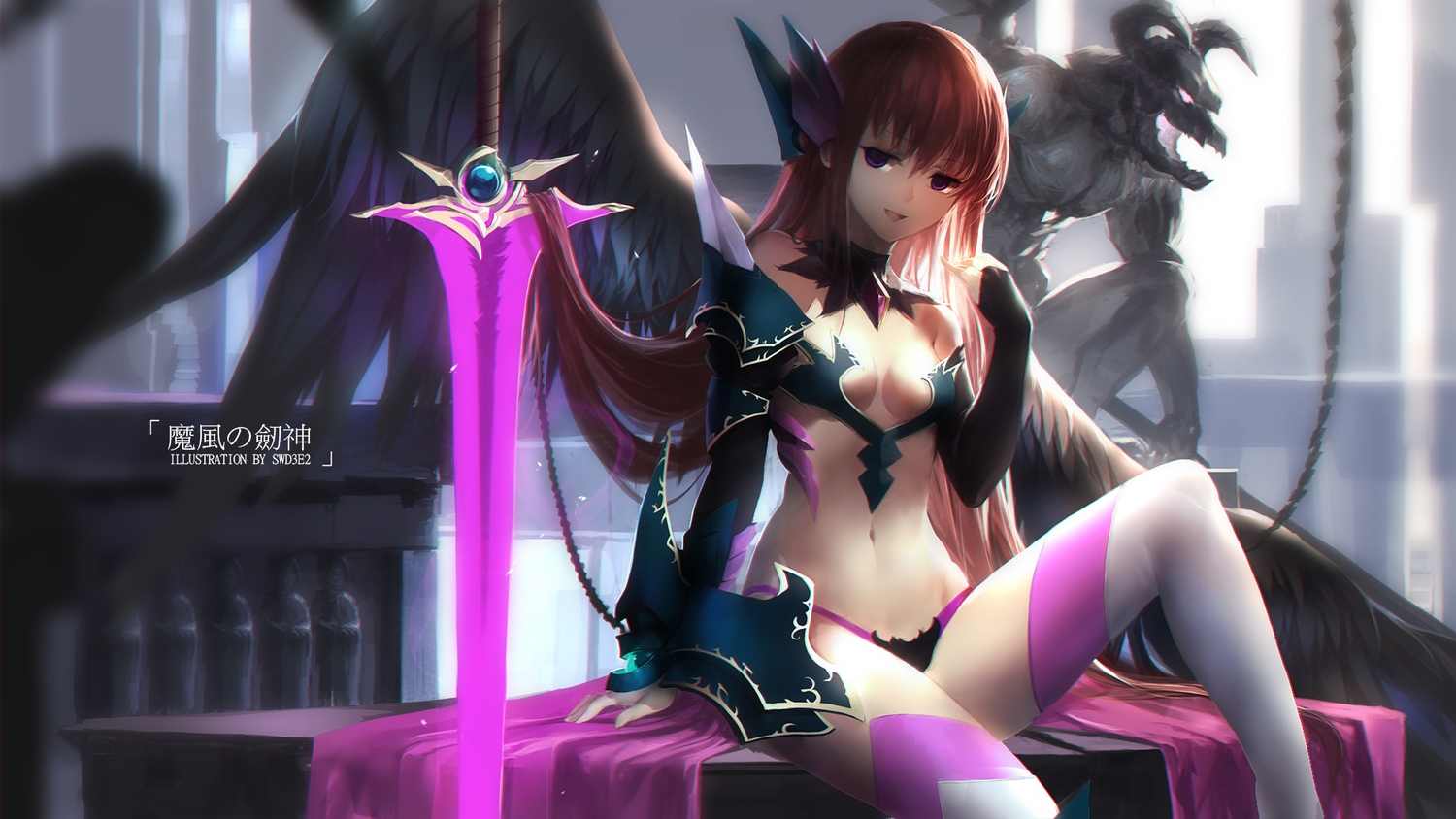 breasts, cleavage, demon, long_hair, navel, panties, red_hair, swd3e2, sword, thighhighs, tyrca, underwear, venus_blood, venusblood-frontier-, weapon, wings