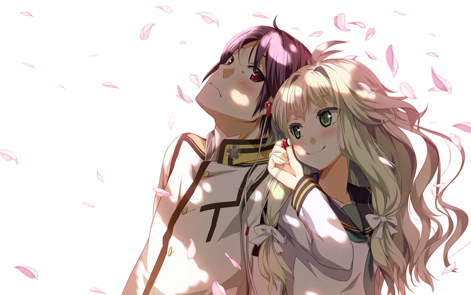 blonde_hair, blush, brown_hair, cherry_blossoms, flowers, green_eyes, g_yuusuke, light