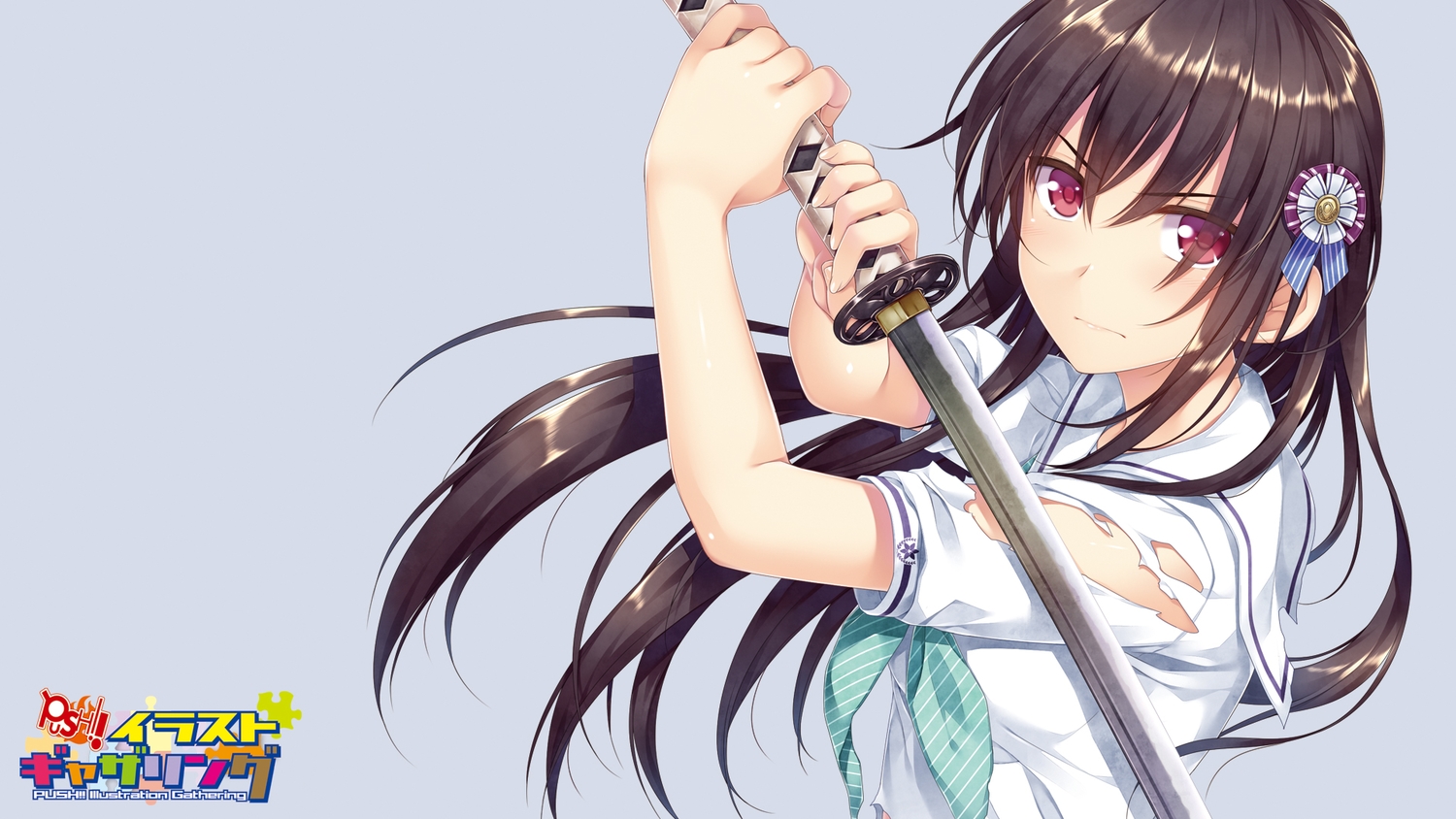akabeisoft2, alpha_(alpha91), black_hair, boku_no_hitori_sensou, inuduca_rumi, katana, red_eyes, school_uniform