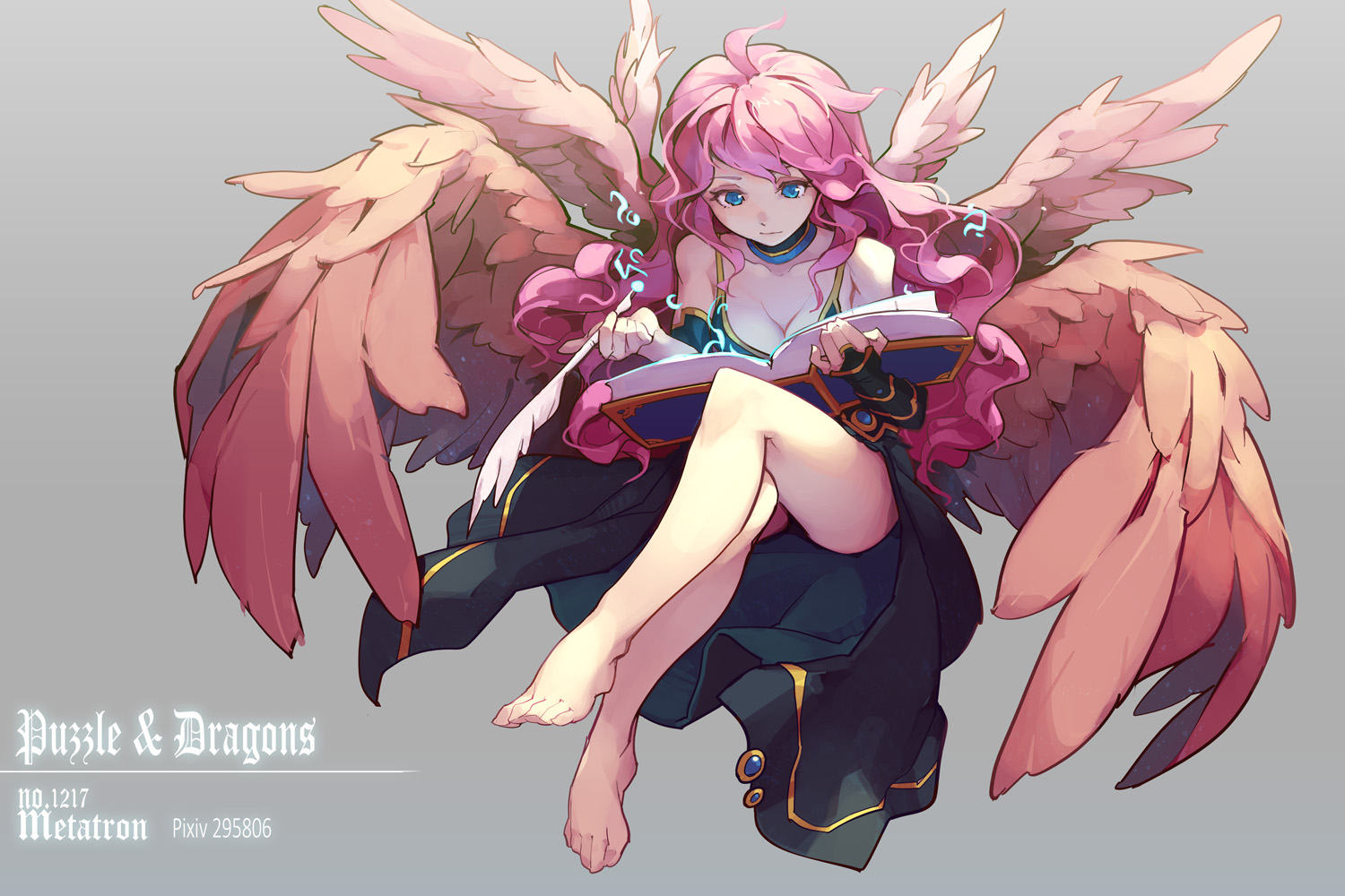 archangel_metatron_(p&d), barefoot, blue_eyes, book, breasts, choker, cleavage, feathers, long_hair, music, pink_hair, puzzle_&_dragons, tennohi, wings