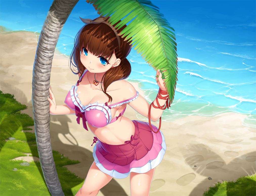 aqua_eyes, beach, bikini, breasts, brown_hair, cleavage, erect_nipples, idolmaster, idolmaster_cinderella_girls, kirin_kakeru, necklace, sakuma_mayu, skirt, swimsuit, tree, water