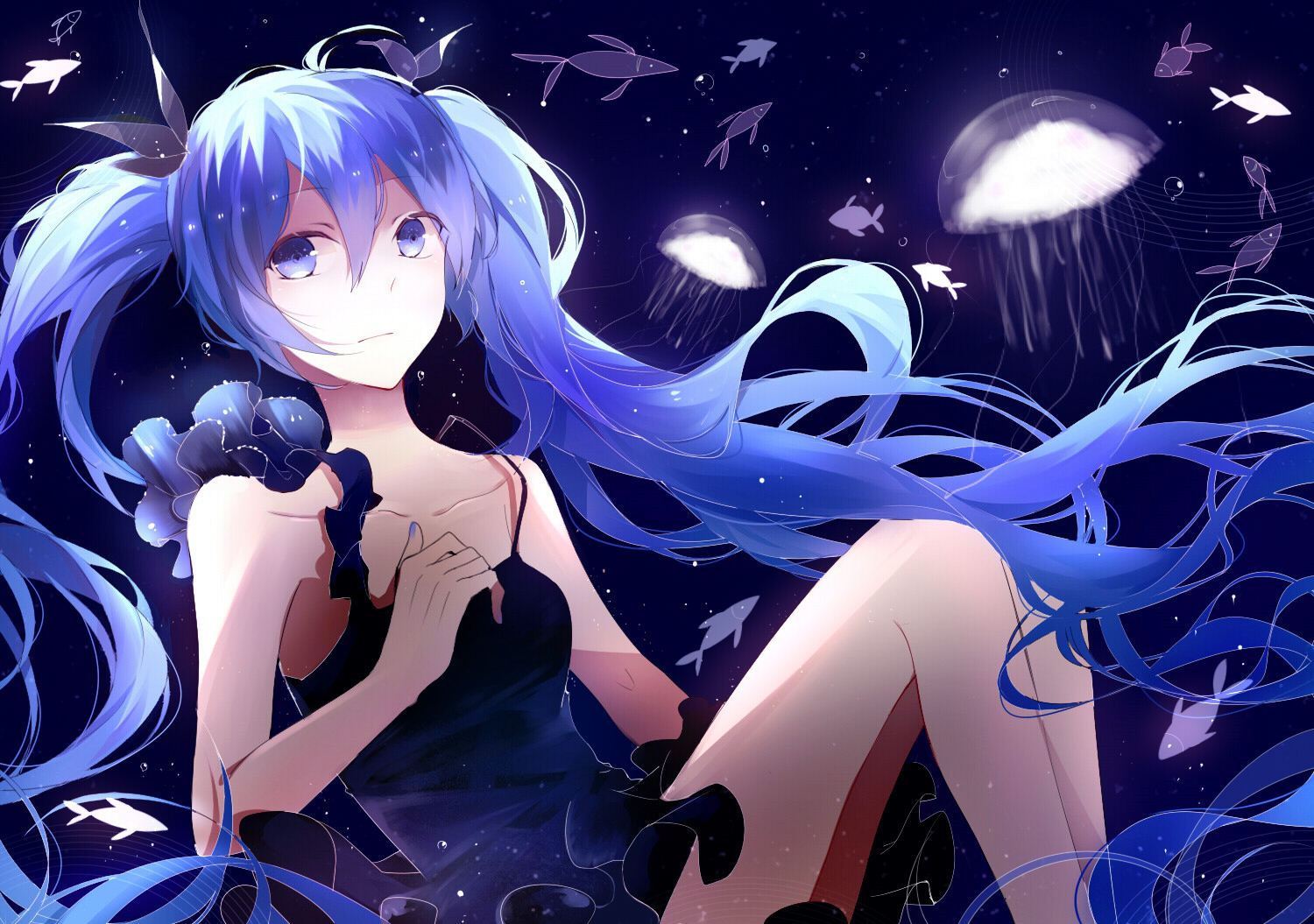 animal, blue_eyes, blue_hair, deep-sea_girl_(vocaloid), dress, fish, hatsune_miku, lococo:p, long_hair, vocaloid