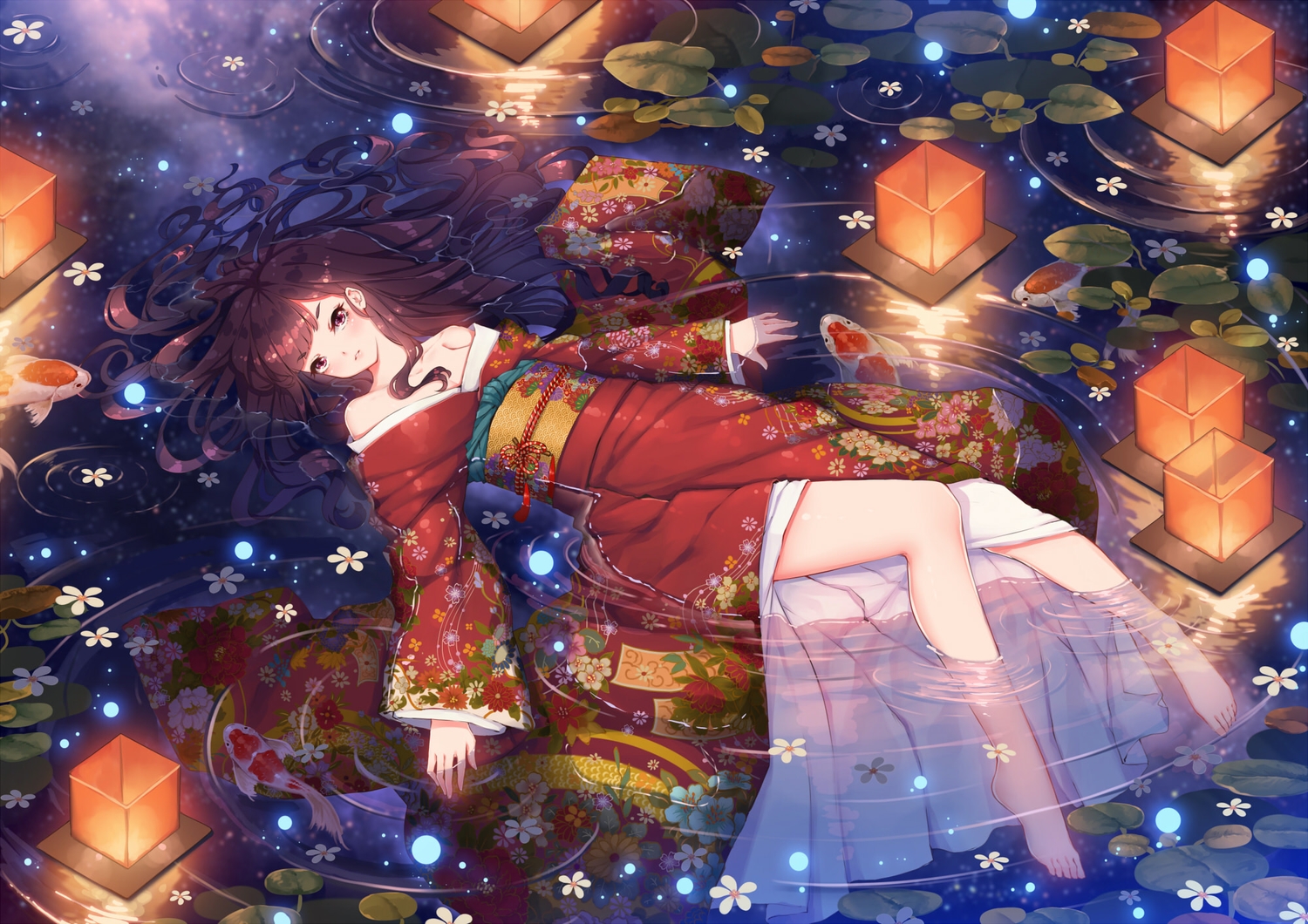 animal, barefoot, blush, brown_hair, fish, flowers, hokou_sakuran, japanese_clothes