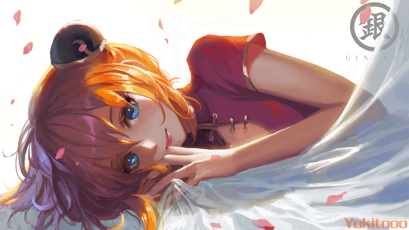 blue_eyes, chinese_clothes, gintama, kagura_(gintama), orange_hair, petals, watermark, yukitooo_(shanfeng_baishui)