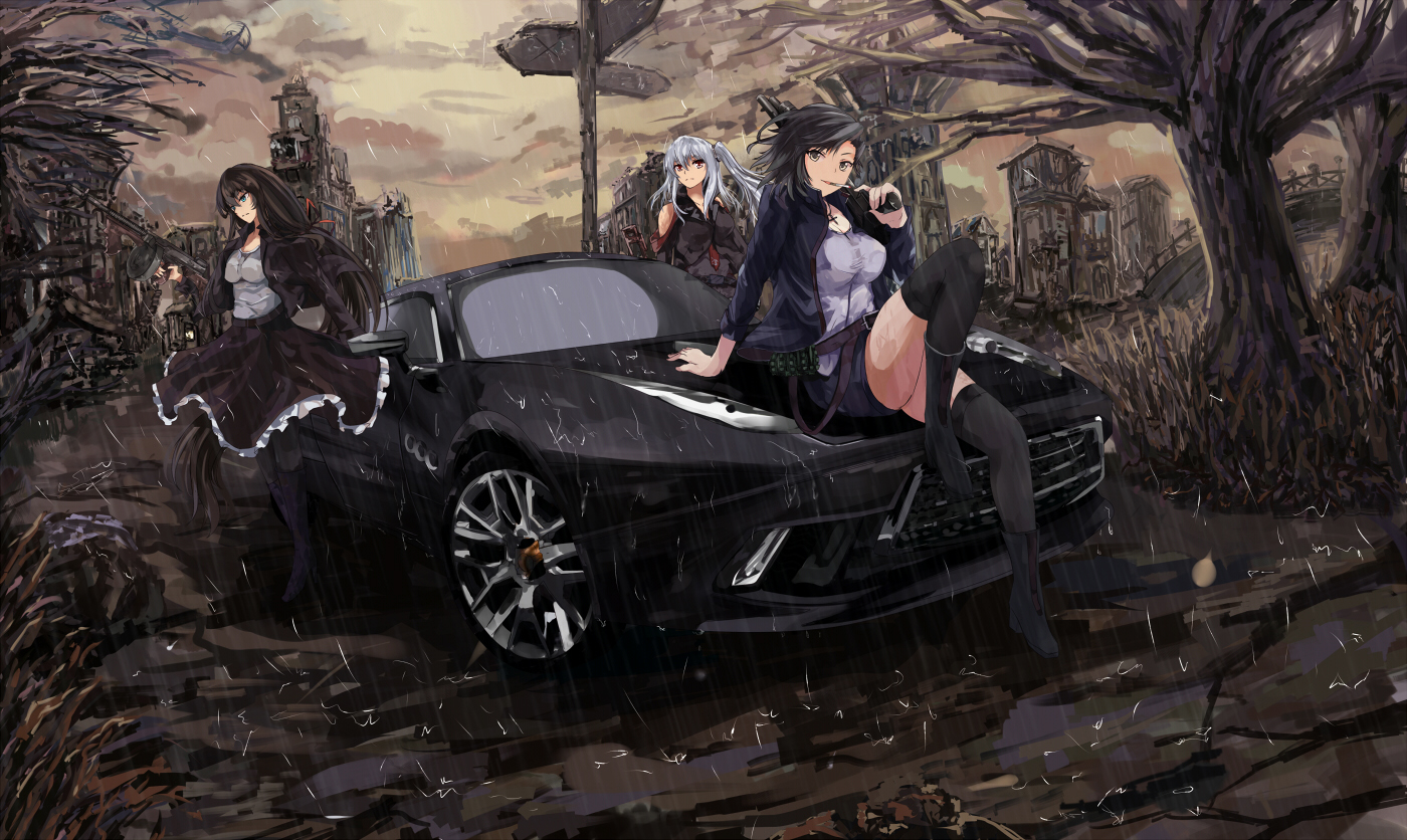 boots, building, car, gun, original, rain, skirt, thighhighs, tree, water, weapon, white_crow