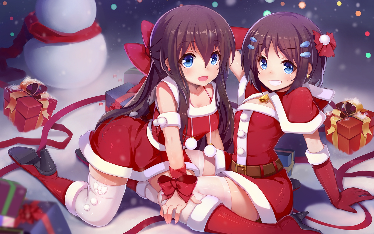 2girls, aqua_eyes, boots, breasts, brown_hair, christmas, cleavage, dress, elbow_gloves, gloves, long_hair, nerv110, original, santa_costume, short_hair, thighhighs, twins, wristwear, zettai_ryouiki