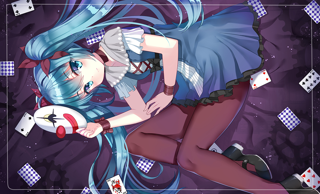 aqua_eyes, aqua_hair, dress, gendo0032, hatsune_miku, karakuri_pierrot_(vocaloid), long_hair, mask, pantyhose, twintails, vocaloid, wristwear