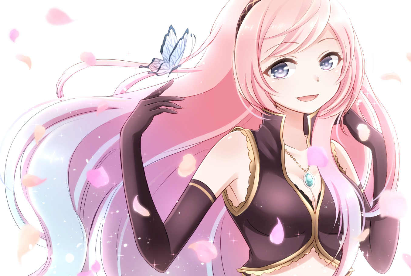 breasts, butterfly, cleavage, elbow_gloves, gloves, long_hair, megurine_luka, necklace, petals, pink_hair, vocaloid, yamagara