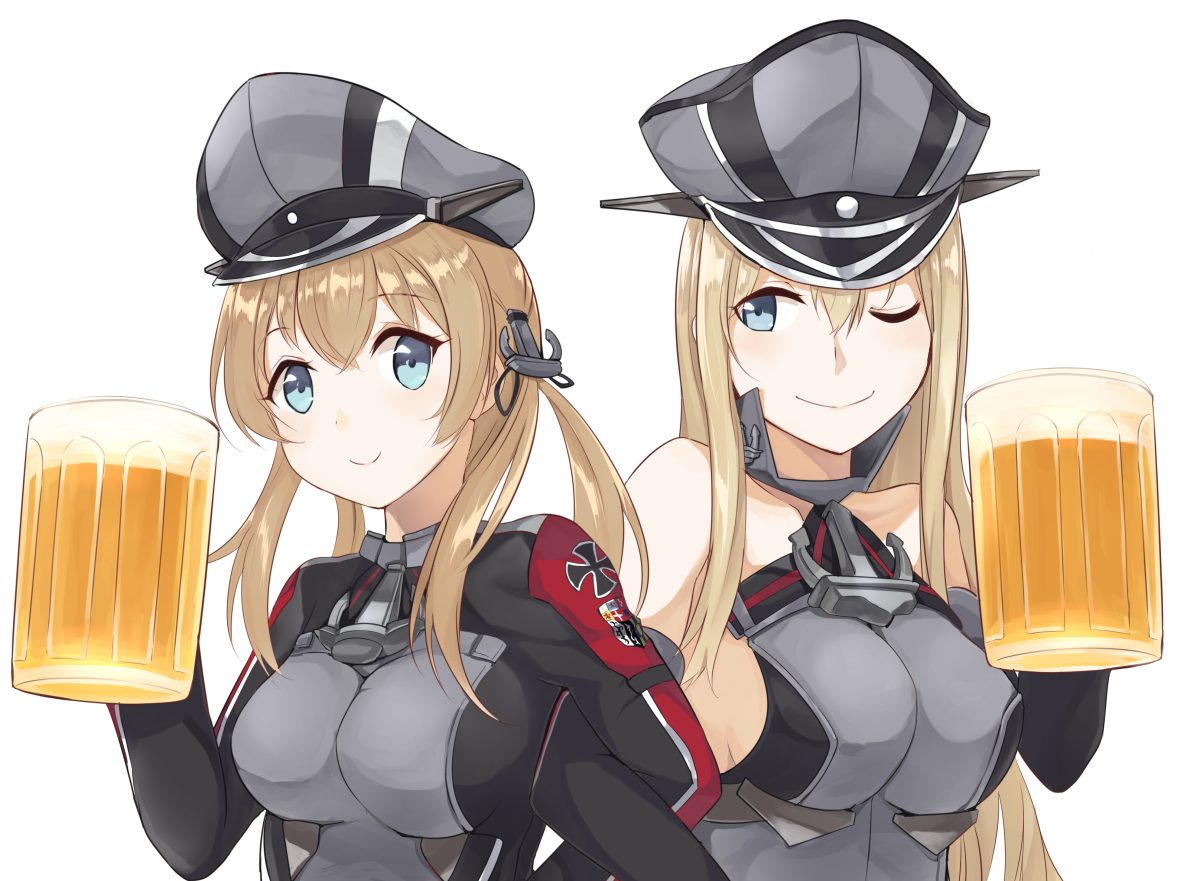 2girls, anthropomorphism, bismarck_(kancolle), blonde_hair, blue_eyes, breasts, drink, hat, ido_(teketeke), kantai_collection, prinz_eugen_(kancolle), uniform, wink