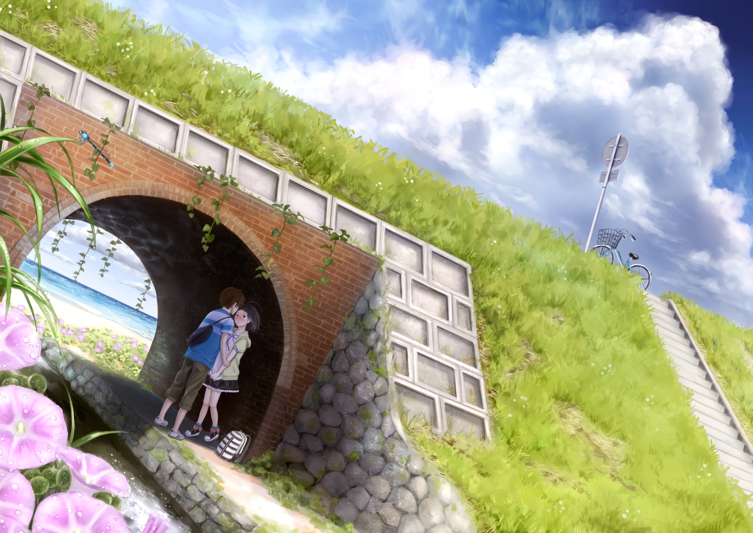 beach, bicycle, black_hair, blush, brown_hair, clouds, flowers, grass, male, necklace, original, scenic, short_hair, skirt, stairs, taka_(tsmix), water