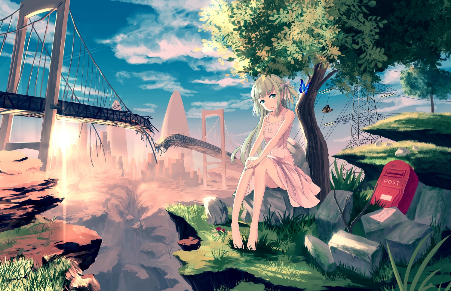 barefoot, building, city, dress, flowers, grass, landscape, original, ruins, scenic, short_hair, siji_(szh5522), sunset, twintails