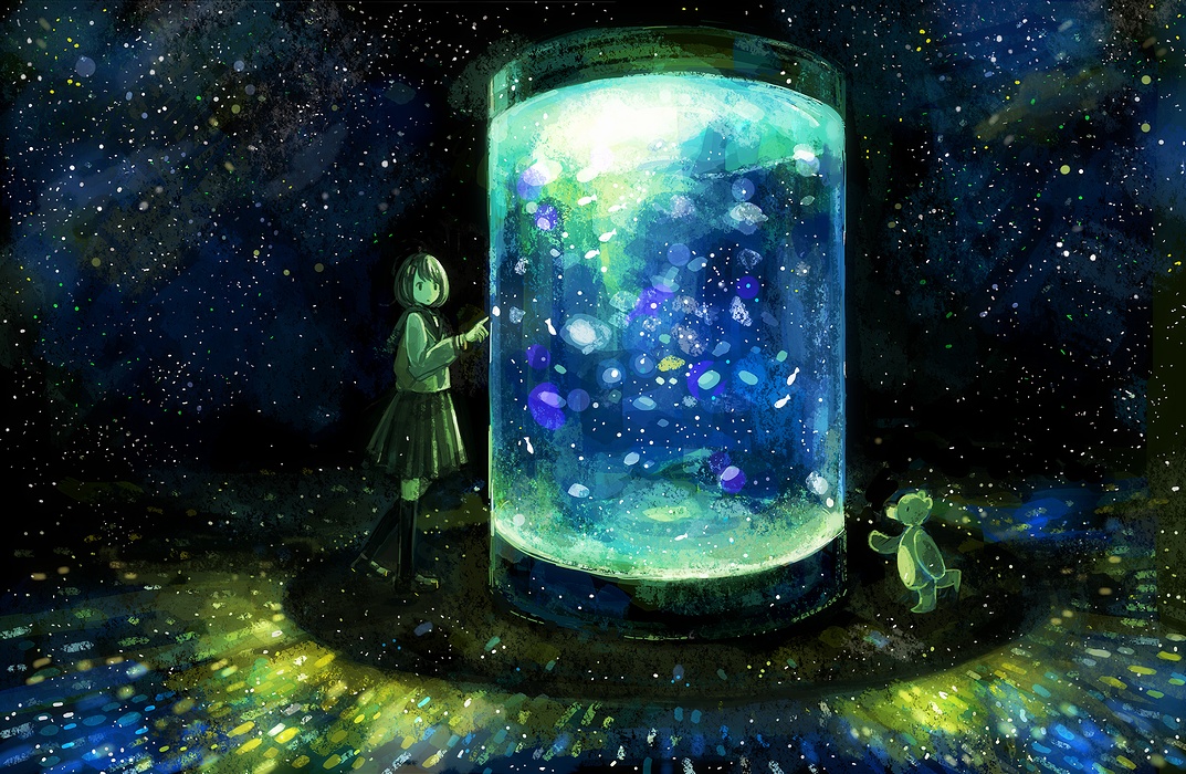 animal, fish, kneehighs, nomiya_(no_38), original, polychromatic, school_uniform, skirt, stars, teddy_bear, zettai_ryouiki