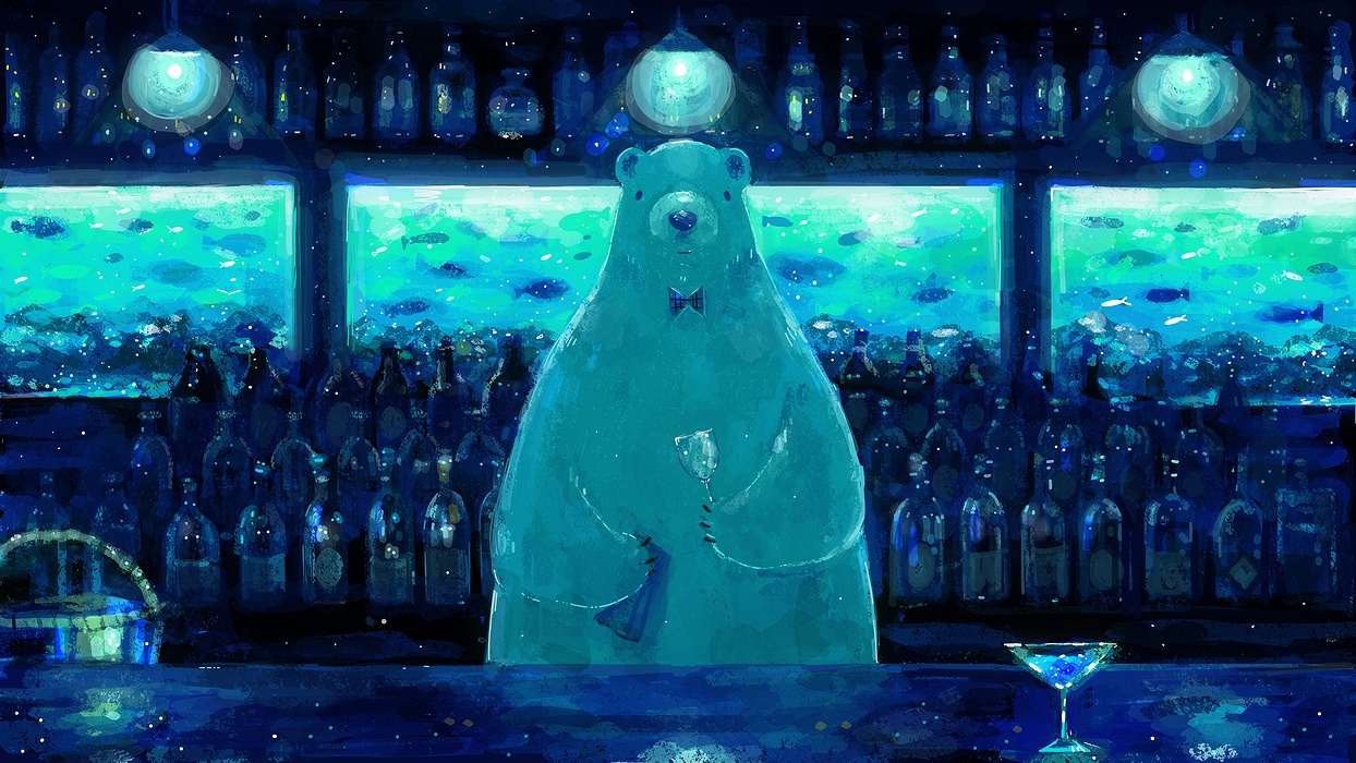 animal, bear, blue, bow, drink, fish, monochrome, nomiya_(no_38), original, tie