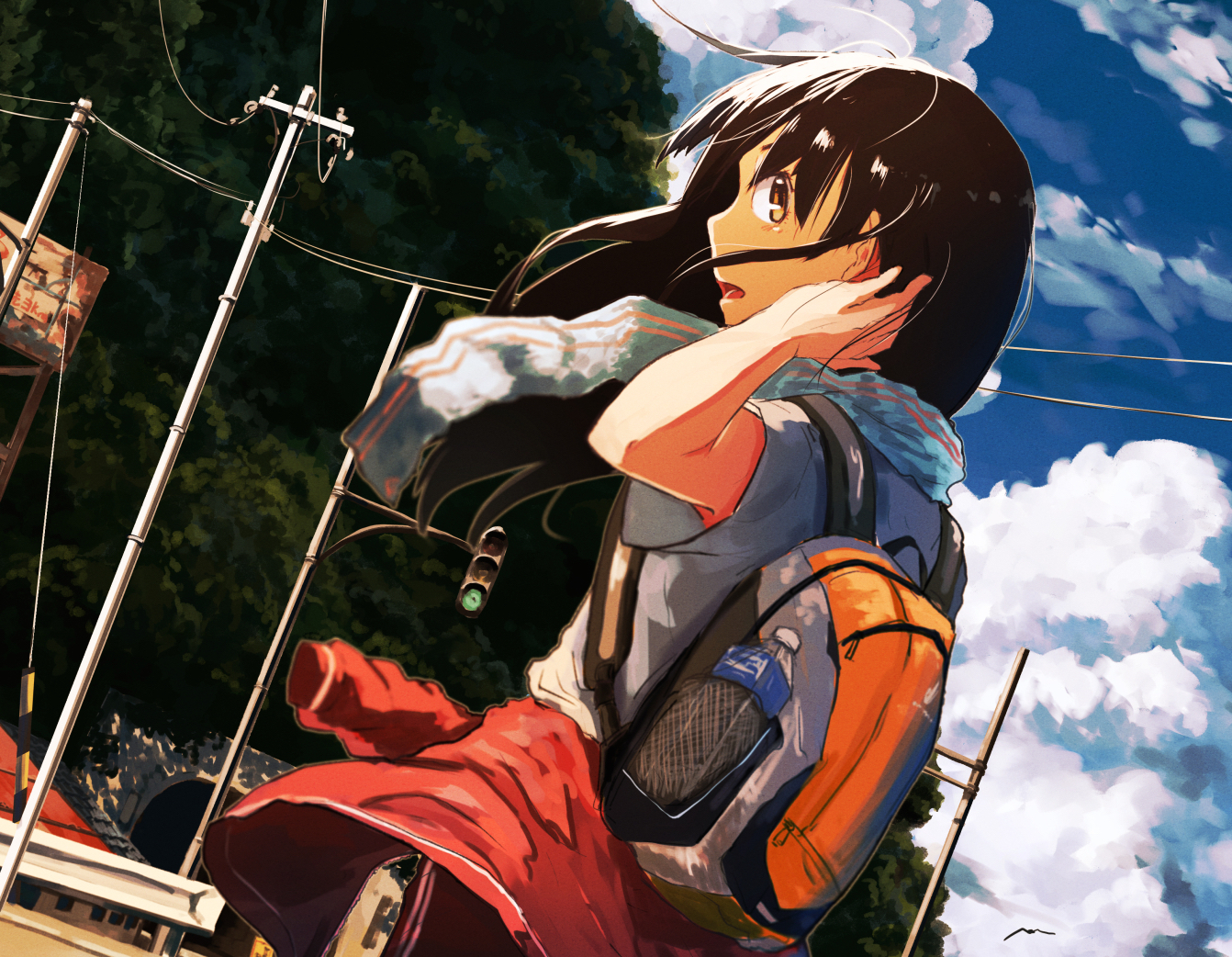 aliasing, animal, bird, brown_eyes, brown_hair, clouds, cropped, drink