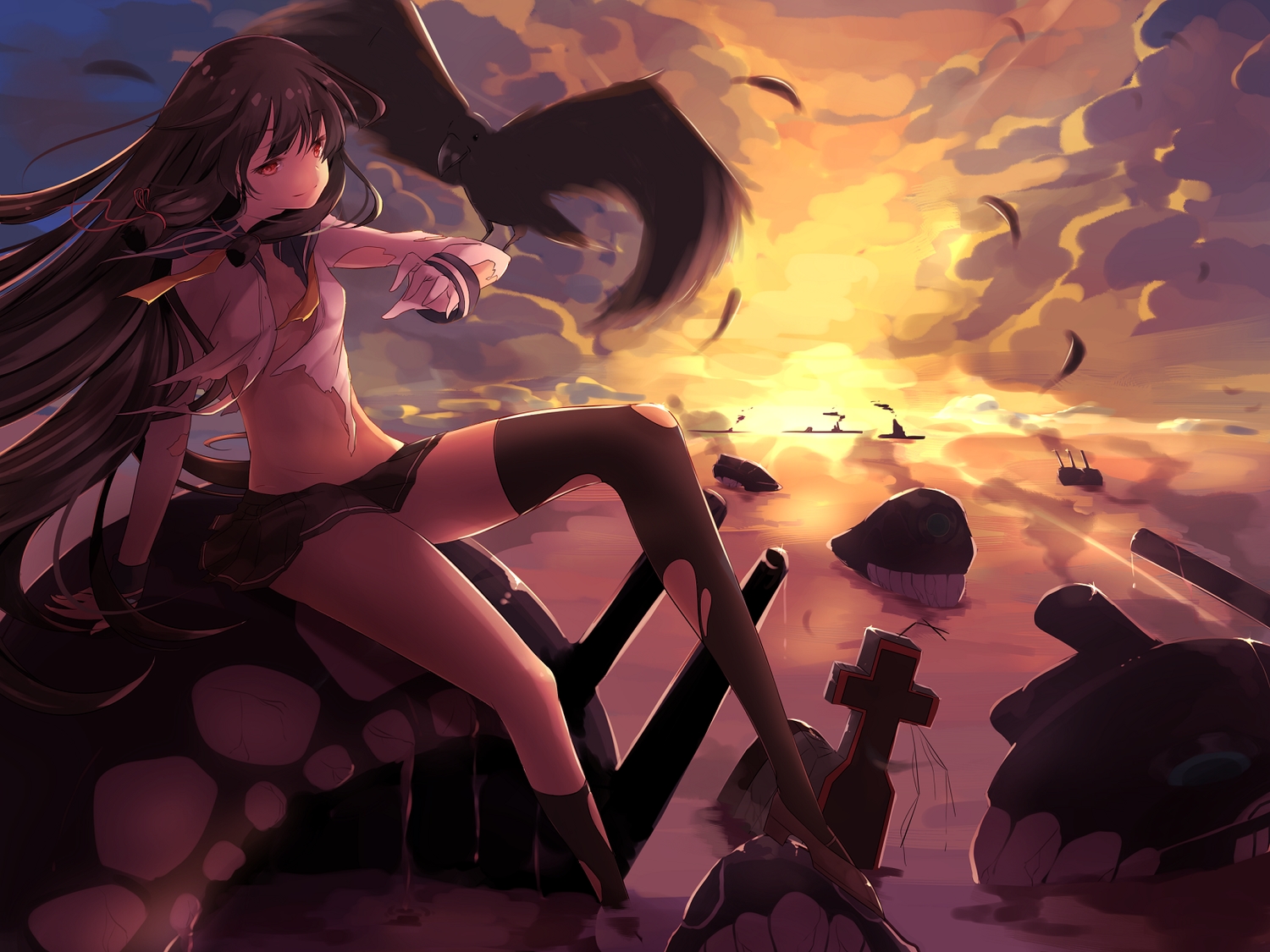 animal, anthropomorphism, bird, brown_hair, feathers, isokaze_(kancolle), kantai_collection, koruta_(nekoimo), long_hair, open_shirt, orange_eyes, ruins, school_uniform, skirt, sunset, thighhighs, torn_clothes, water