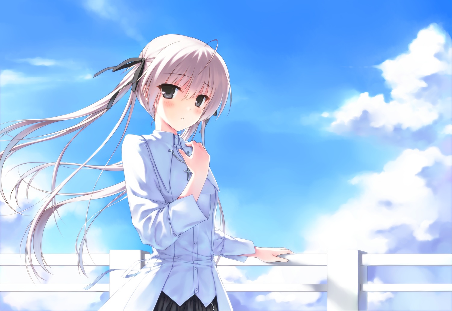 clouds, gray_eyes, gray_hair, hiten_(hitenkei), kasugano_sora, long_hair, sky, yosuga_no_sora