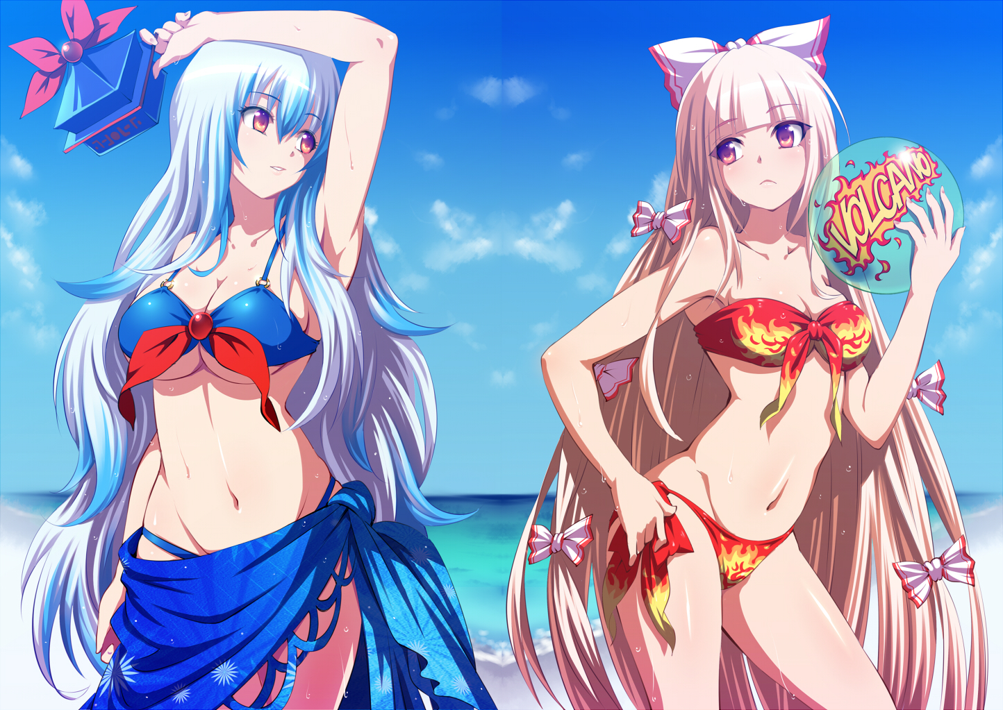 ball, beach, bikini, blonde_hair, blue_hair, bow, breasts, cleavage, clouds, fujiwara_no_mokou, hat, hijikawa_arashi, kamishirasawa_keine, long_hair, navel, sky, swimsuit, touhou, water