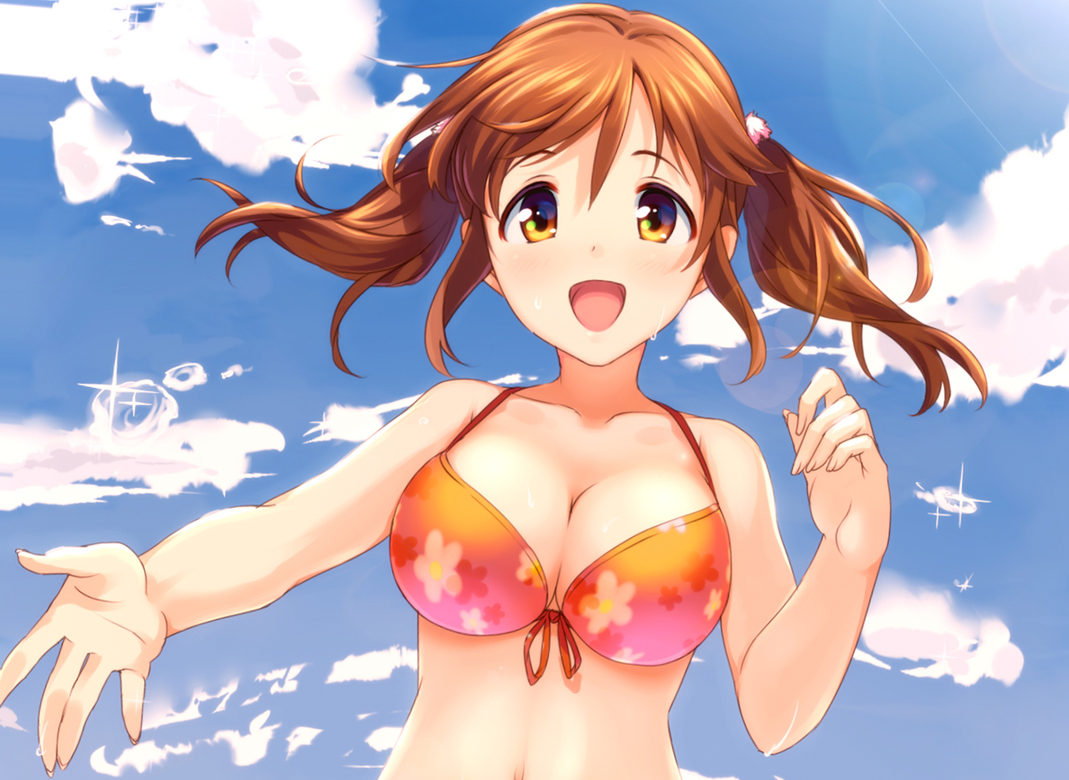 bikini_top, breasts, brown_hair, cleavage, clouds, cropped, idolmaster, idolmaster_cinderella_girls, natsuya, orange_eyes, totoki_airi, twintails