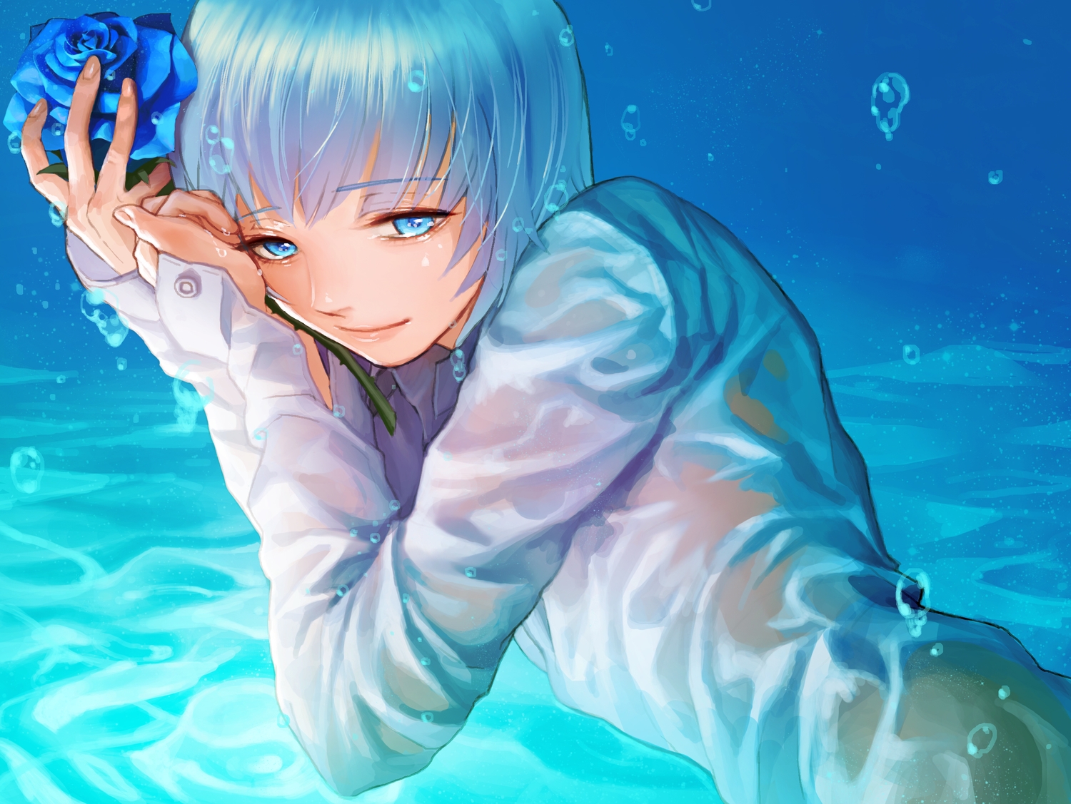 aqua_eyes, blue_hair, bubbles, flowers, rose, rukiana, see_through, shirt
