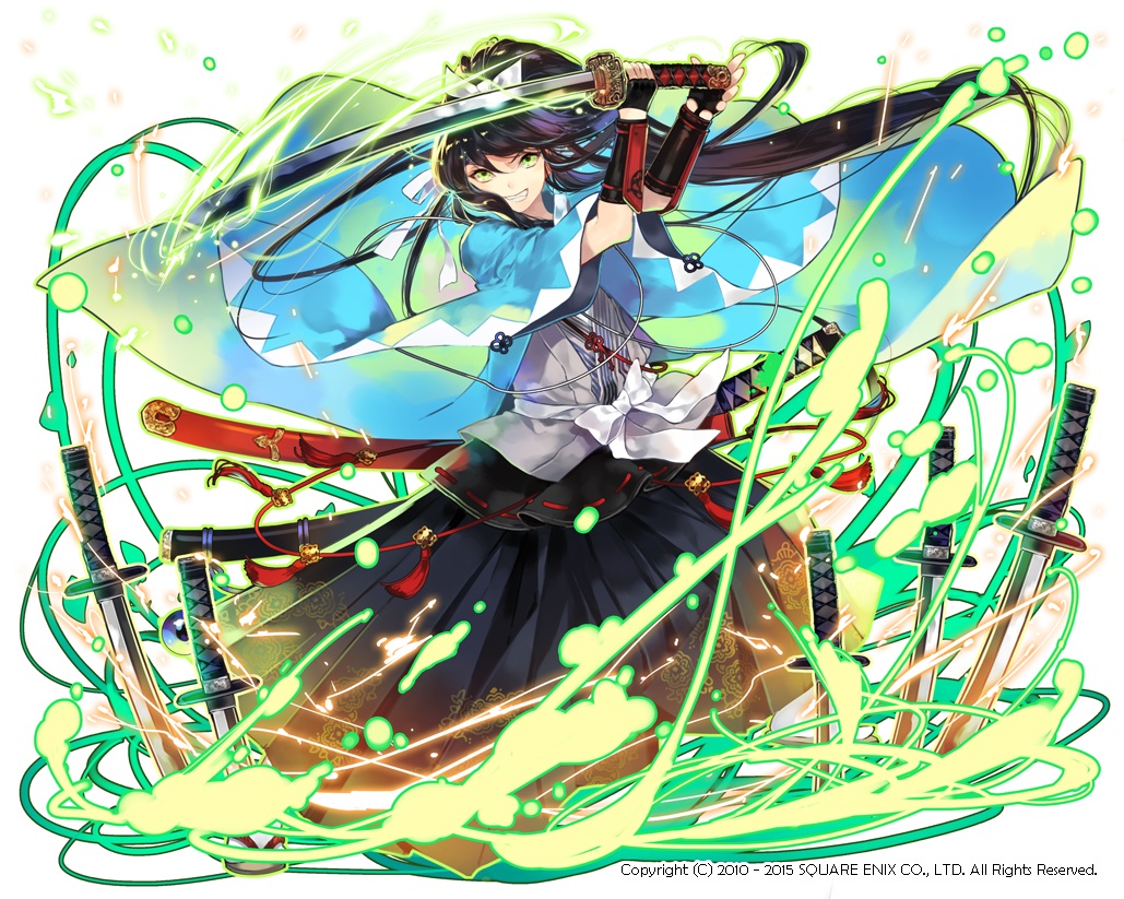 armor, black_hair, cape, green_eyes, japanese_clothes, kaku-san-sei_million_arthur, katana, long_hair