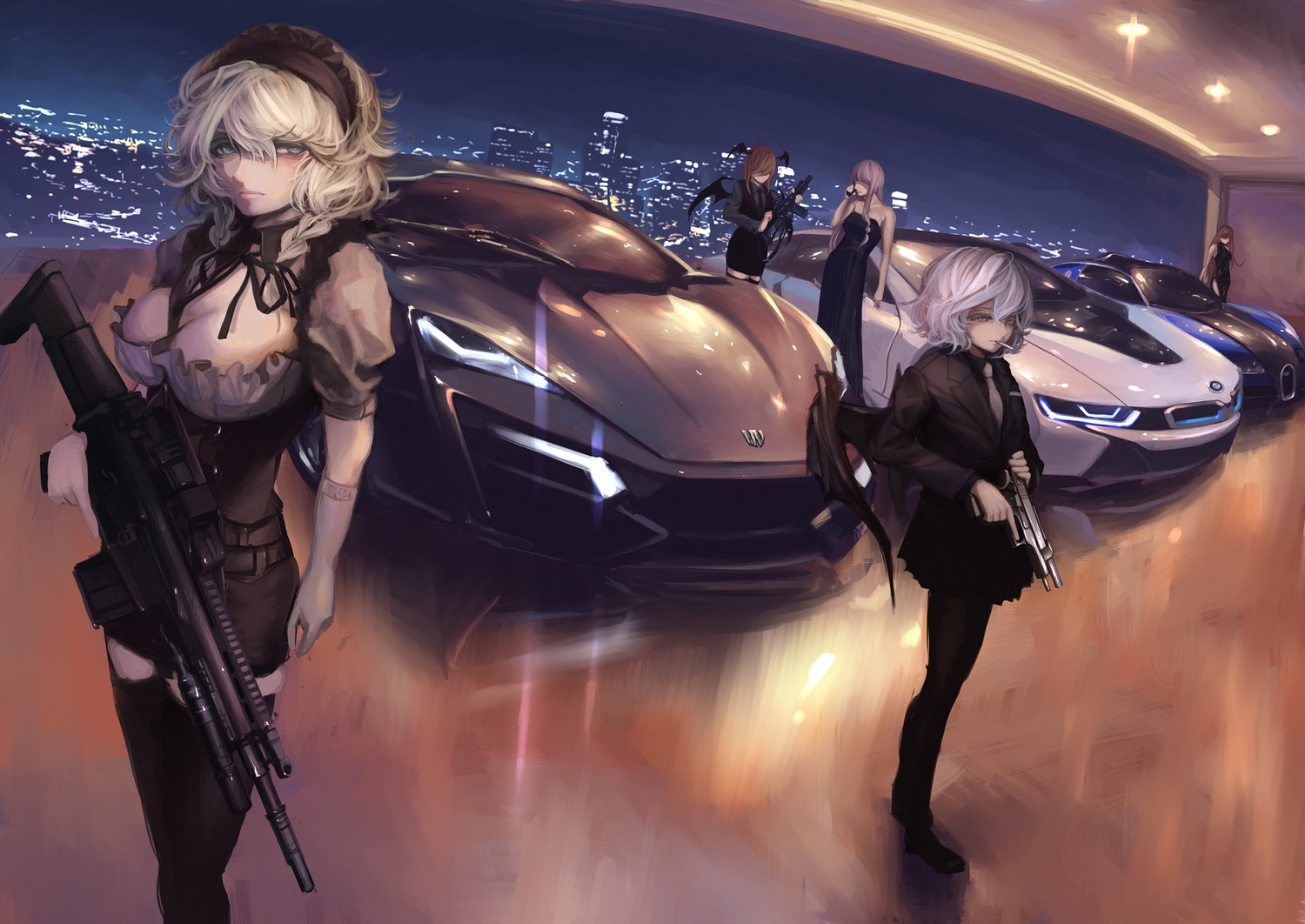 breasts, building, car, cigarette, city, cleavage, demon, dress, group, gun, headband, hong_meiling, izayoi_sakuya, koakuma, koh_(minagi_kou), long_hair, maid, night, patchouli_knowledge, remilia_scarlet, short_hair, suit, tie, touhou, vampire, weapon, wings