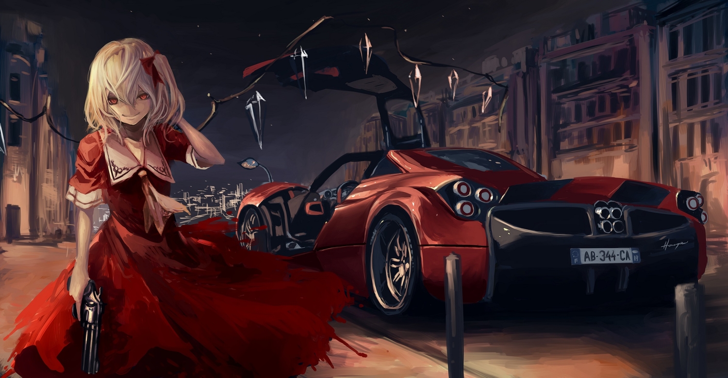 blonde_hair, building, car, city, dress, flandre_scarlet, gun, koh_(minagi_kou)