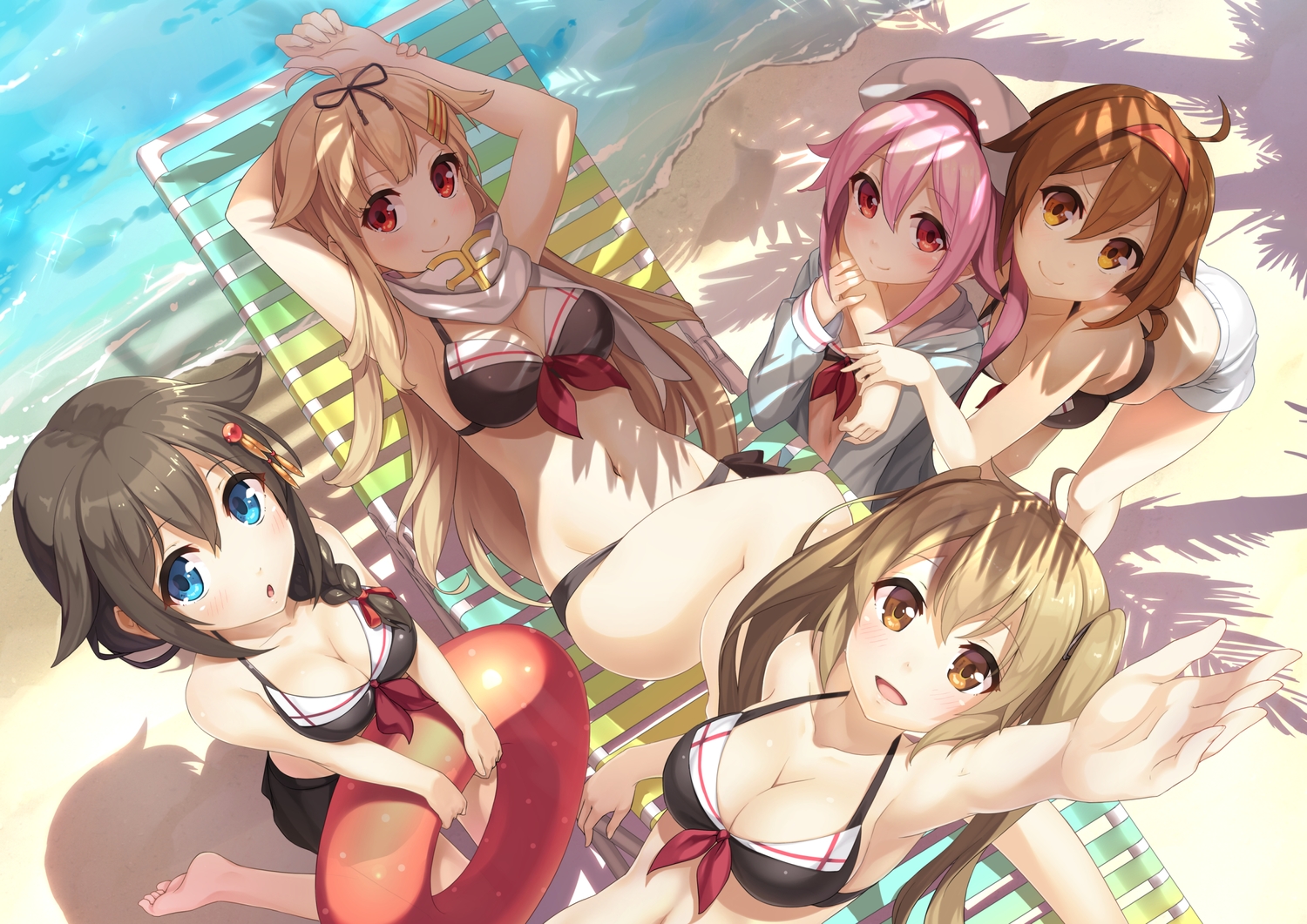 anthropomorphism, aqua_eyes, barefoot, beach, bikini, bikini_top, black_hair, blonde_hair, breasts, brown_hair, cleavage, group, harusame_(kancolle), hat, hood, kantai_collection, murasame_(kancolle), pink_hair, red_eyes, scarf, shigure_(kancolle), shinonome_haru, shiratsuyu_(kancolle), shorts, swim_ring, swimsuit, water, yellow_eyes, yuudachi_(kancolle)