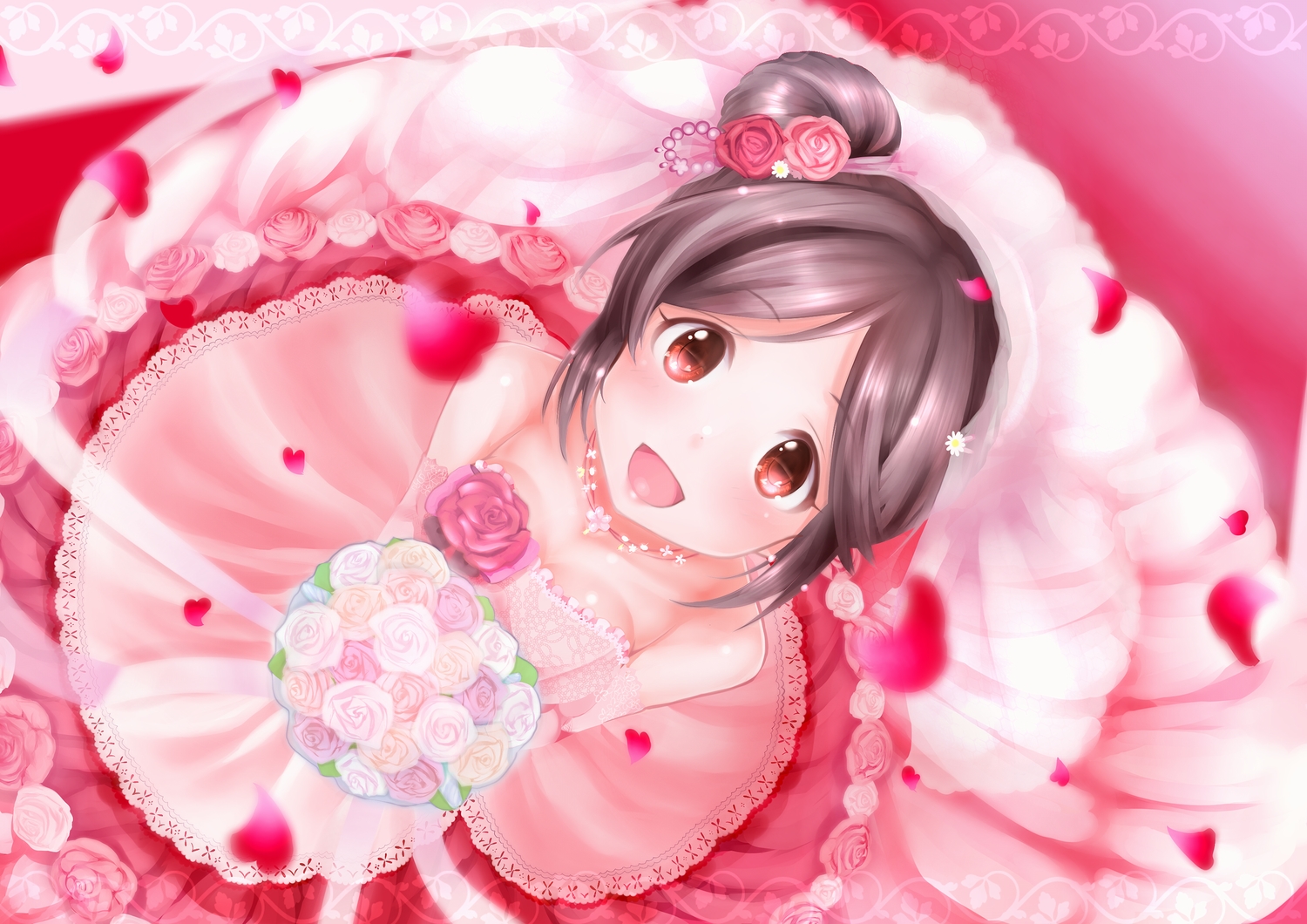 brown_hair, dress, flowers, idolmaster, idolmaster_cinderella_girls, momoi_azuki, necklace, petals, ponytail, wedding_attire, yummy_yoi