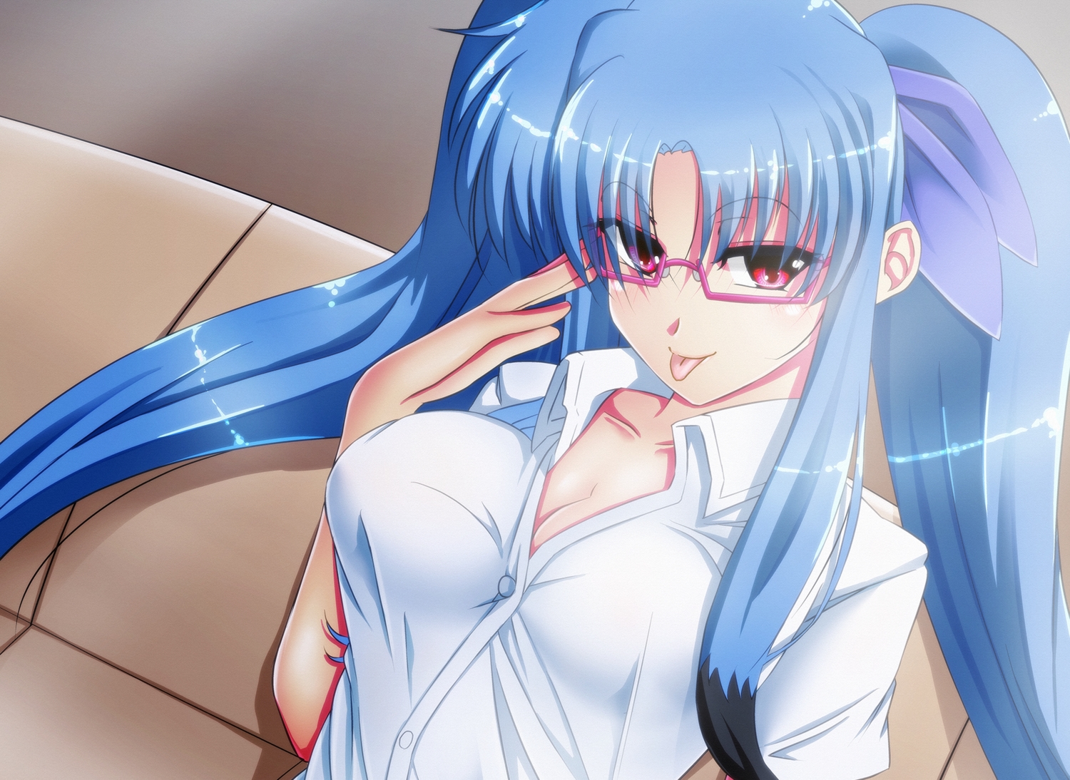 blue_hair, breasts, cleavage, cropped, esperanza_(wp), glasses, levi_russell, mahou_shoujo_lyrical_nanoha, mahou_shoujo_lyrical_nanoha_a's_the_gears_of_destiny, red_eyes, twintails